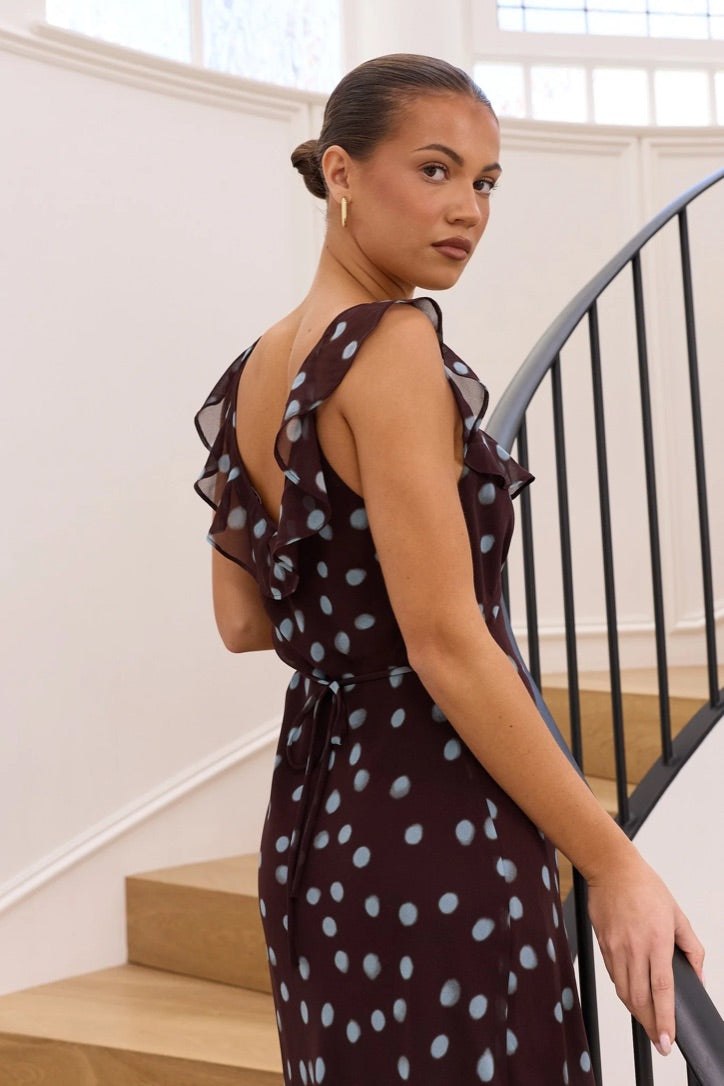 Joyous Chocolate Blue Polka Dot Georgette Bias Slip Maxi Dress