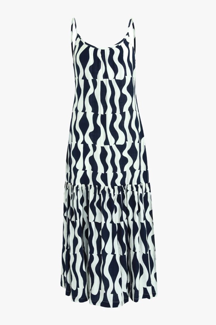 Relax Ink Geo Wave Strappy Tiered Midi Dress