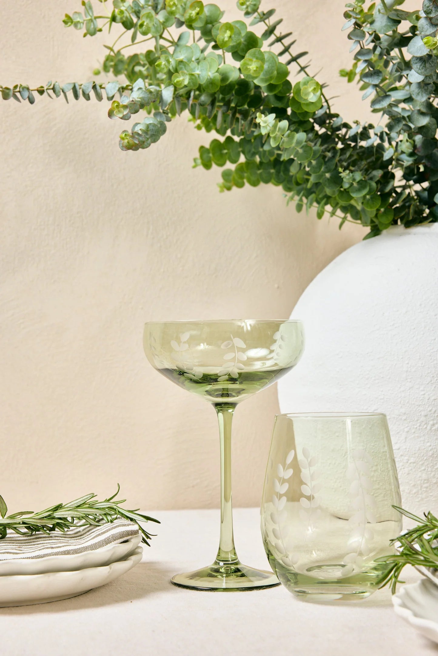 Olive Green Etched Leaf Set 2 Coupe Cocktail Glasses