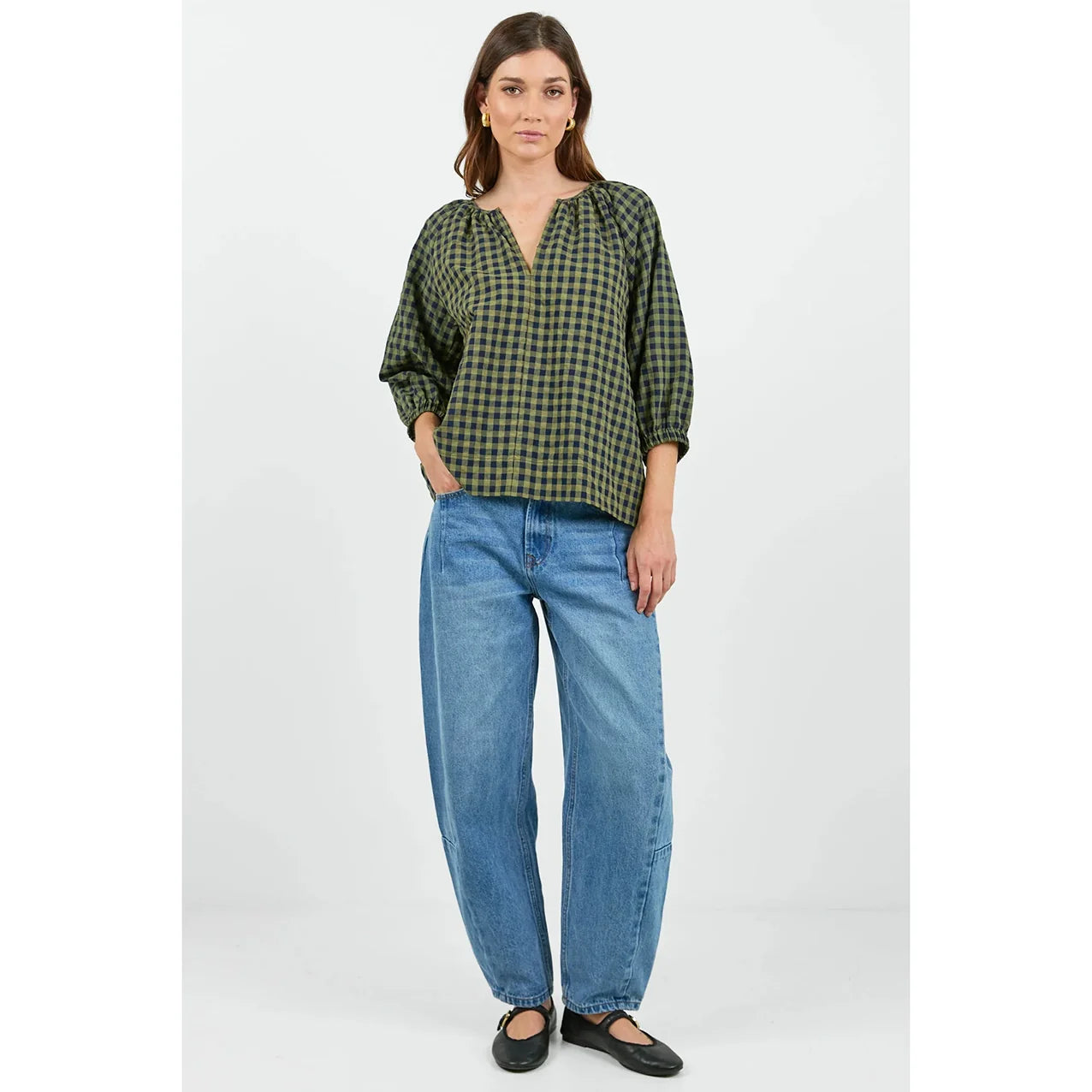 Revolutionary Khaki/ink gingham Relaxed long sleeve top