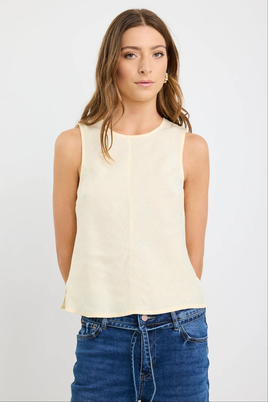 Shoreline Butter Linen Bias Sleeveless Shell Top- Butter