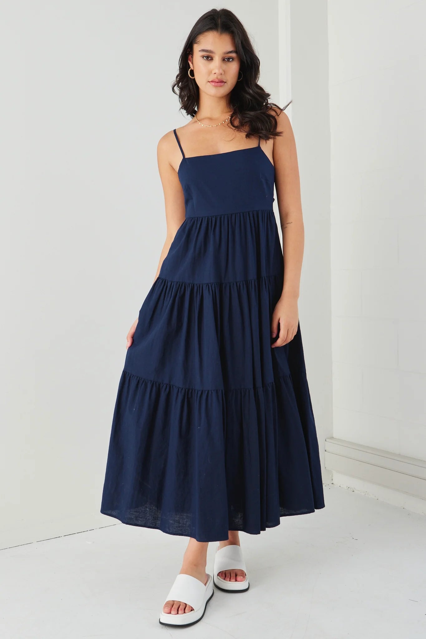 Galaxy Navy Linen Tie Back Tiered Strappy Maxi Dress