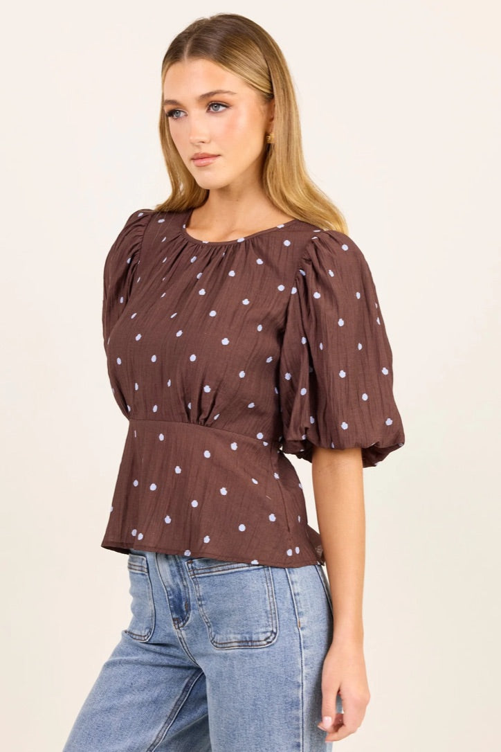 Finali Mocha Blue Polka Dot Short Bubble Sleeve Top