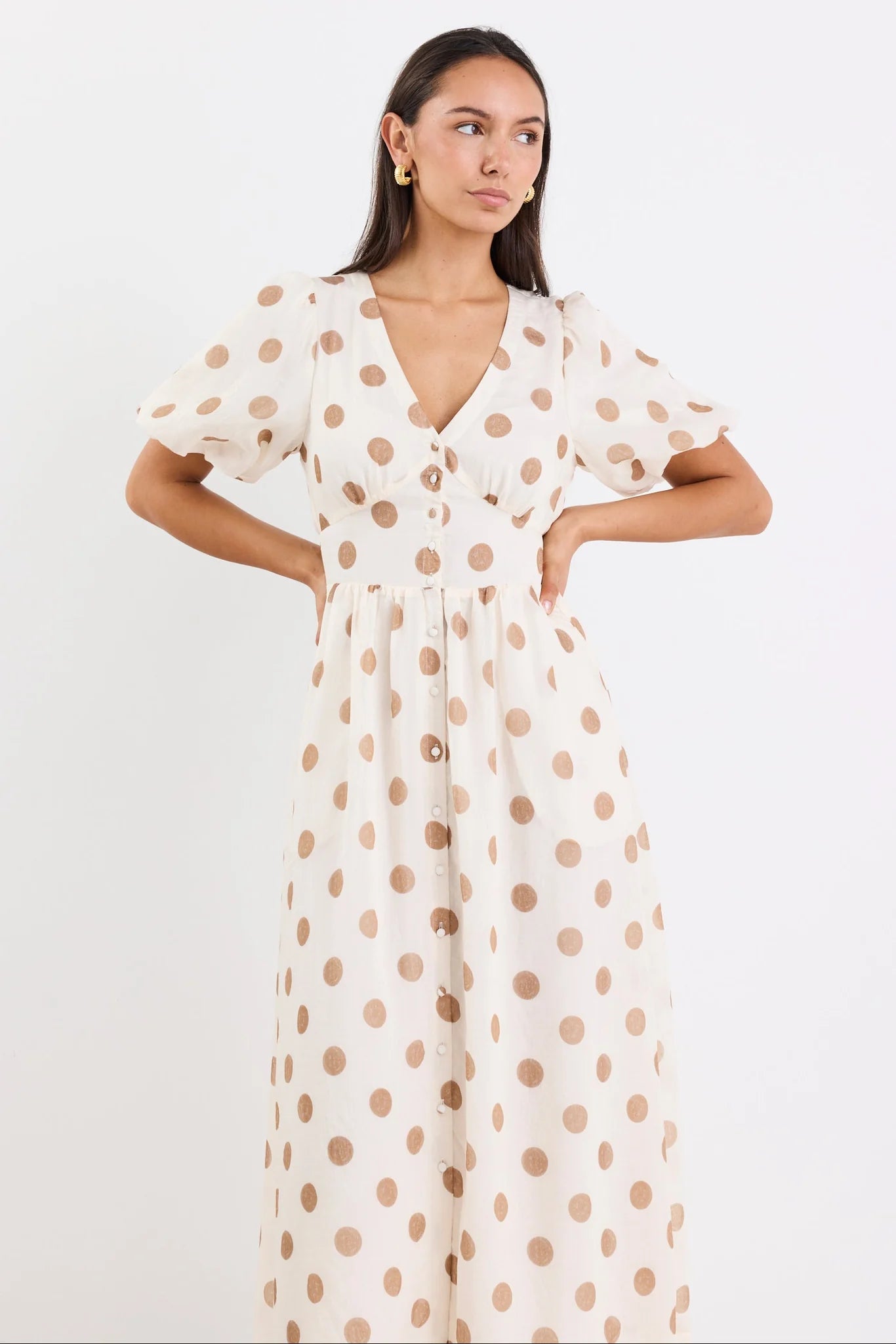Lisbon Copper Polka Dot Puff Sleeve Midi Dress