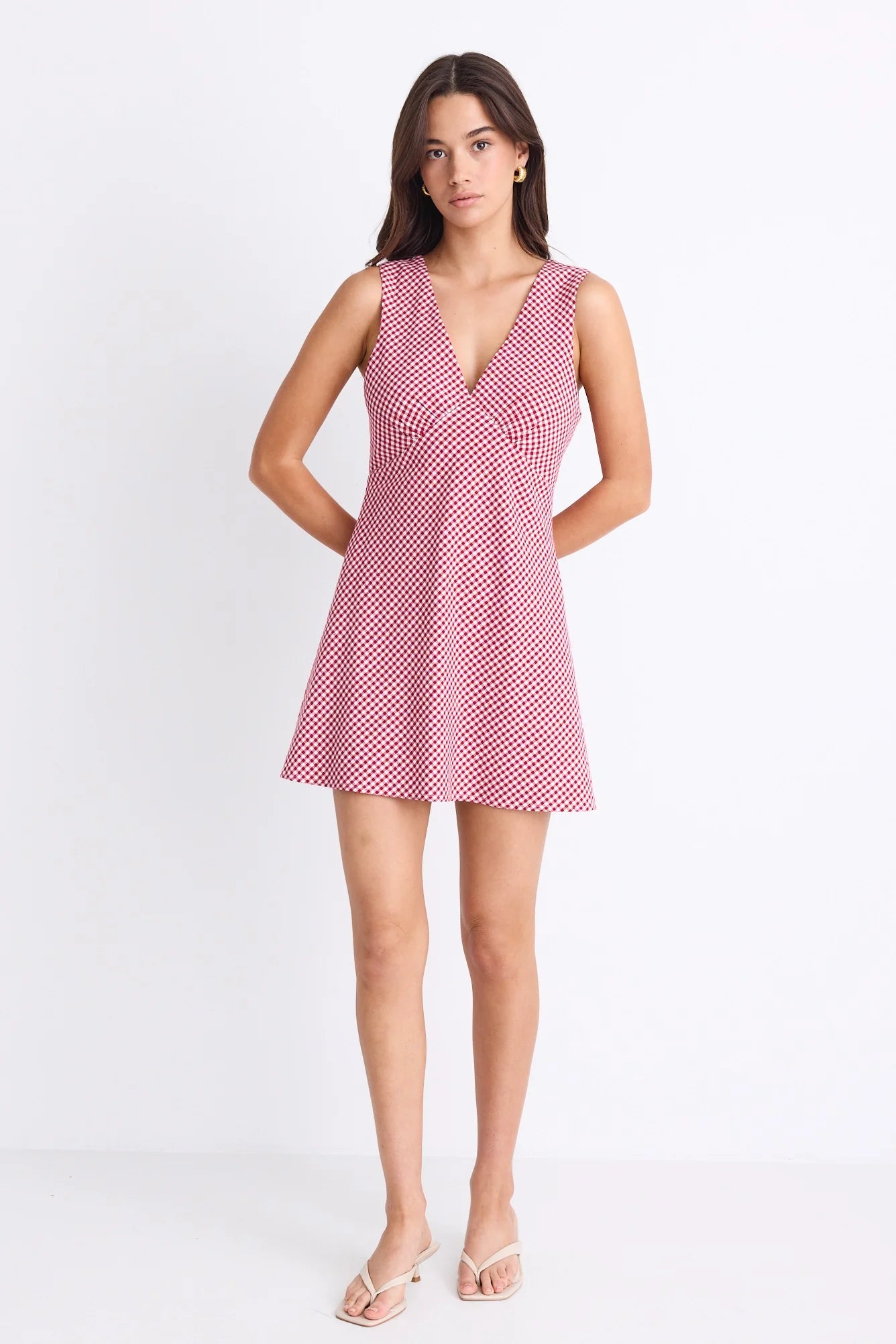 Turin Red Ditsy Gingham Cotton Sleeveless Bias Mini Dress