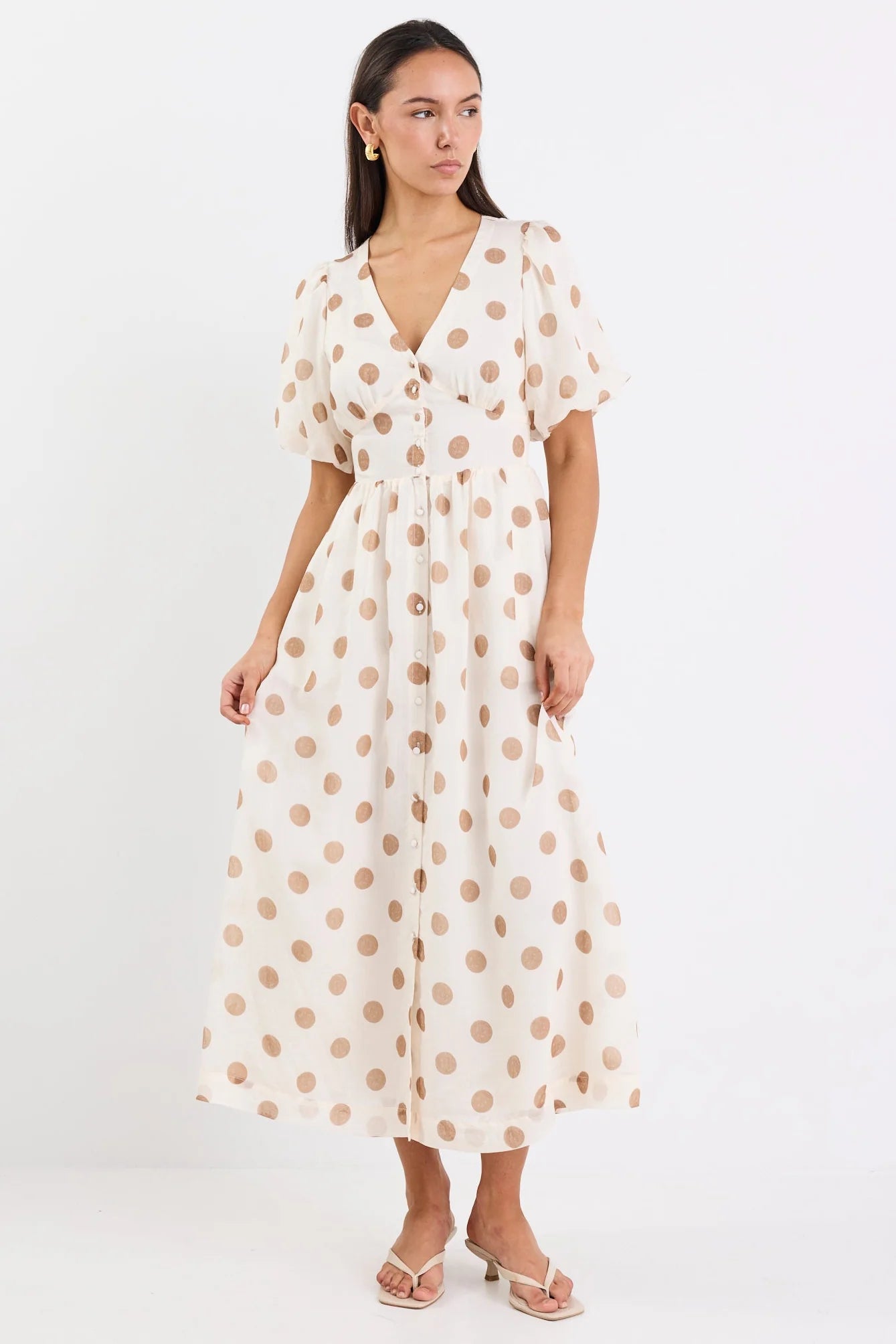 Lisbon Copper Polka Dot Puff Sleeve Midi Dress
