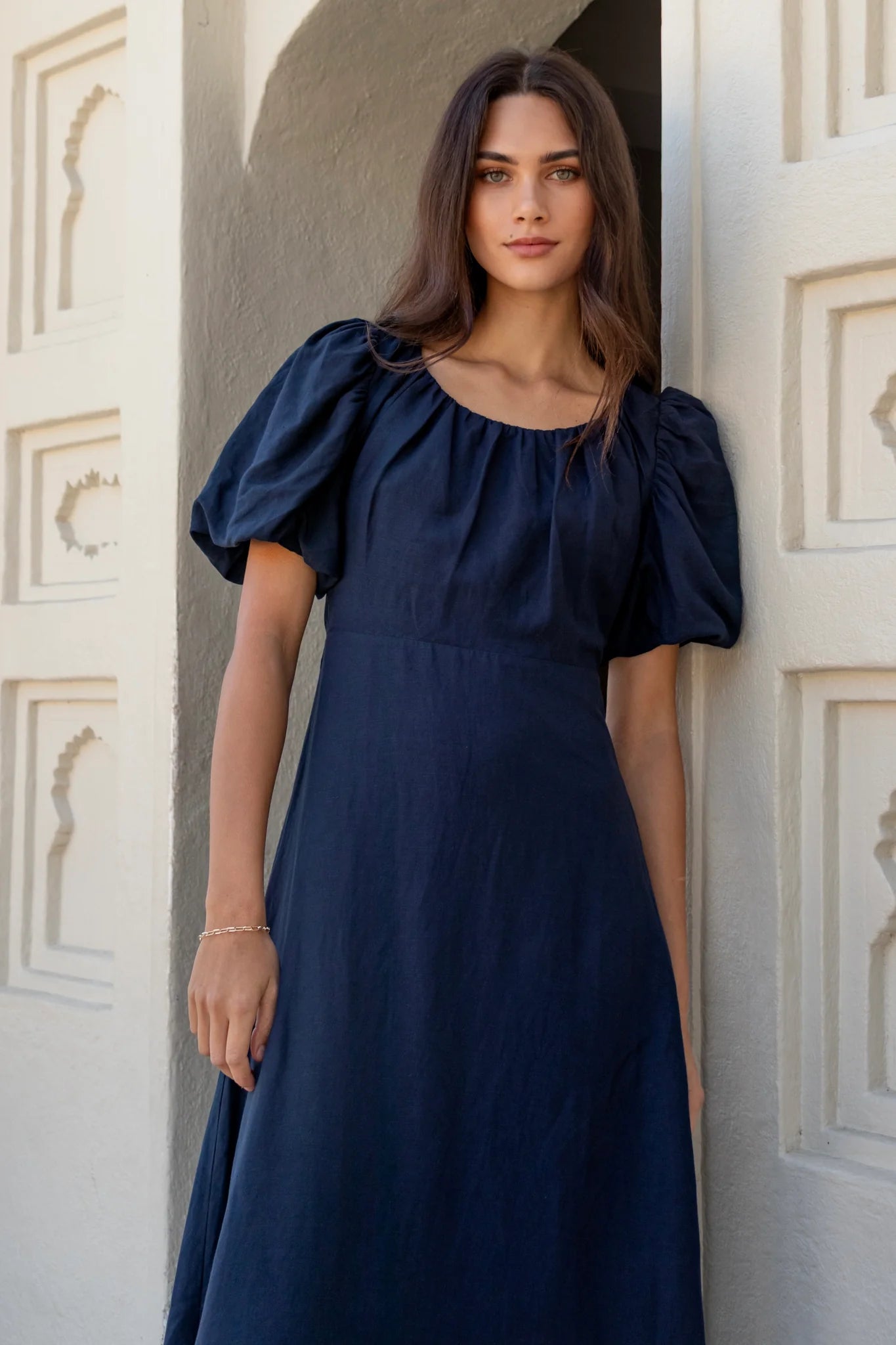 Chorus Navy Puff Sleeve Scoop Neck Floaty Maxi Dress