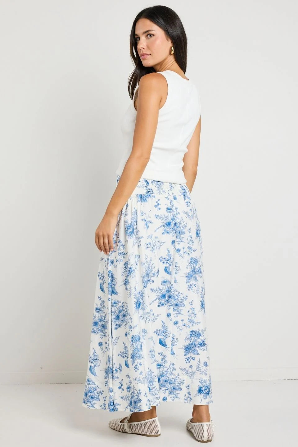 Affinity Porcelain Print Shirred Back Tiered Maxi Skirt