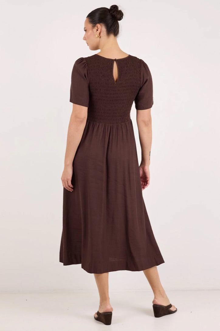 Wren Chocolate Linen Blend SS Shirred Bodice Midi Dress