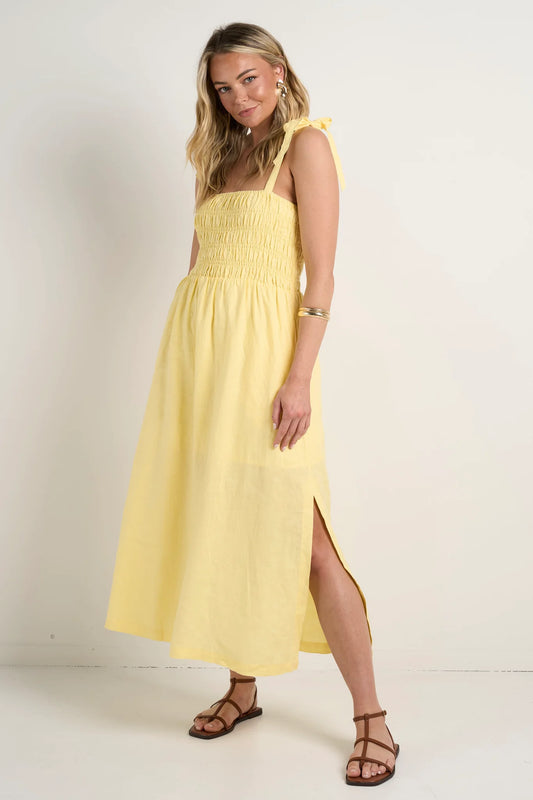 Vacation Canary Yellow Strappy Shirred Midi Dress