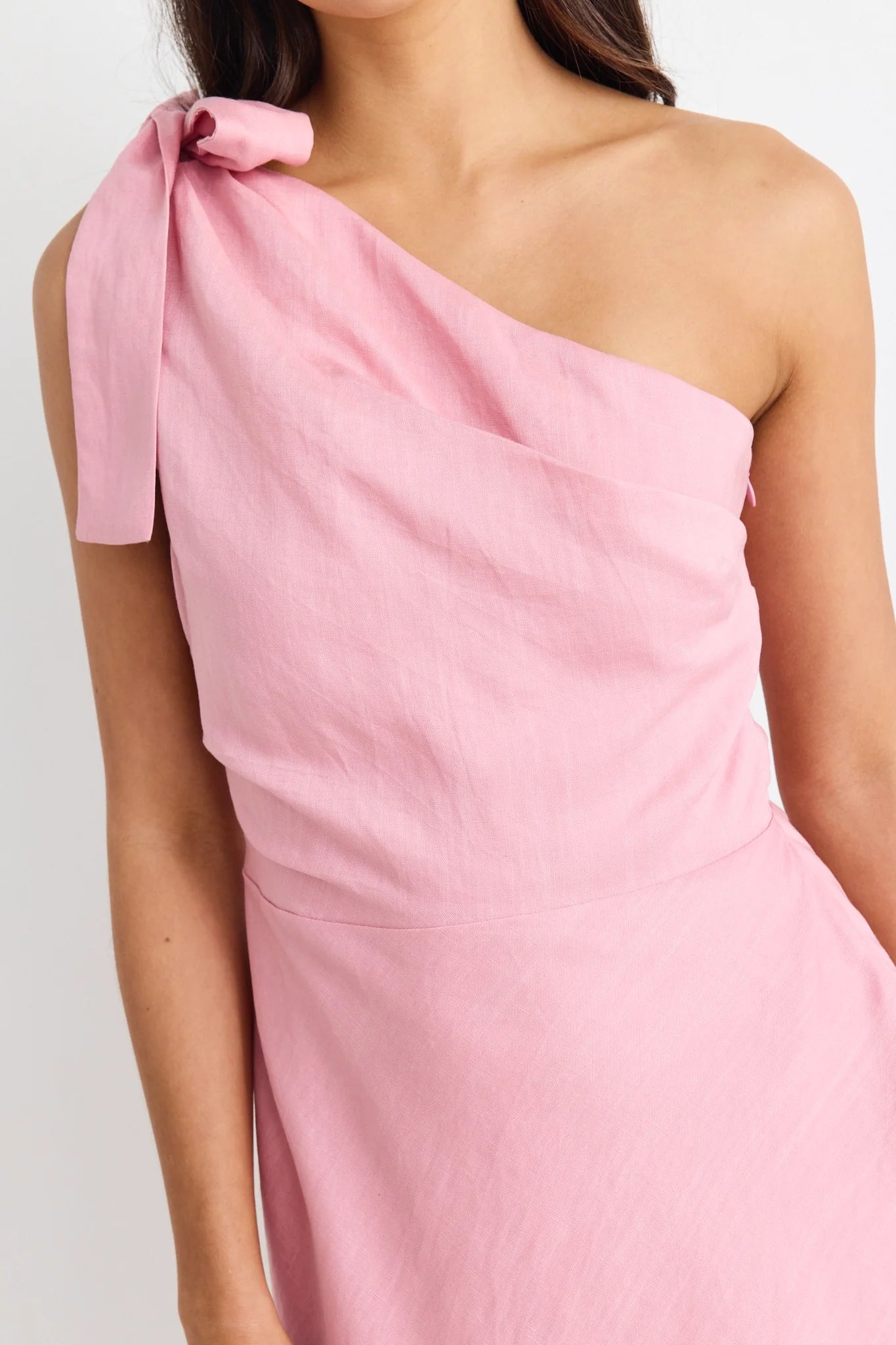 Ecstatic Blush Linen Blend One Shoulder Bow Mini Dress