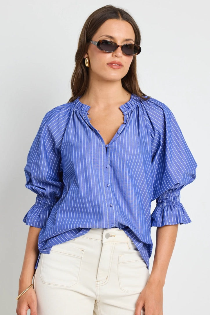 Noetic Dark Blue Stripe Short Sleeve Blouse