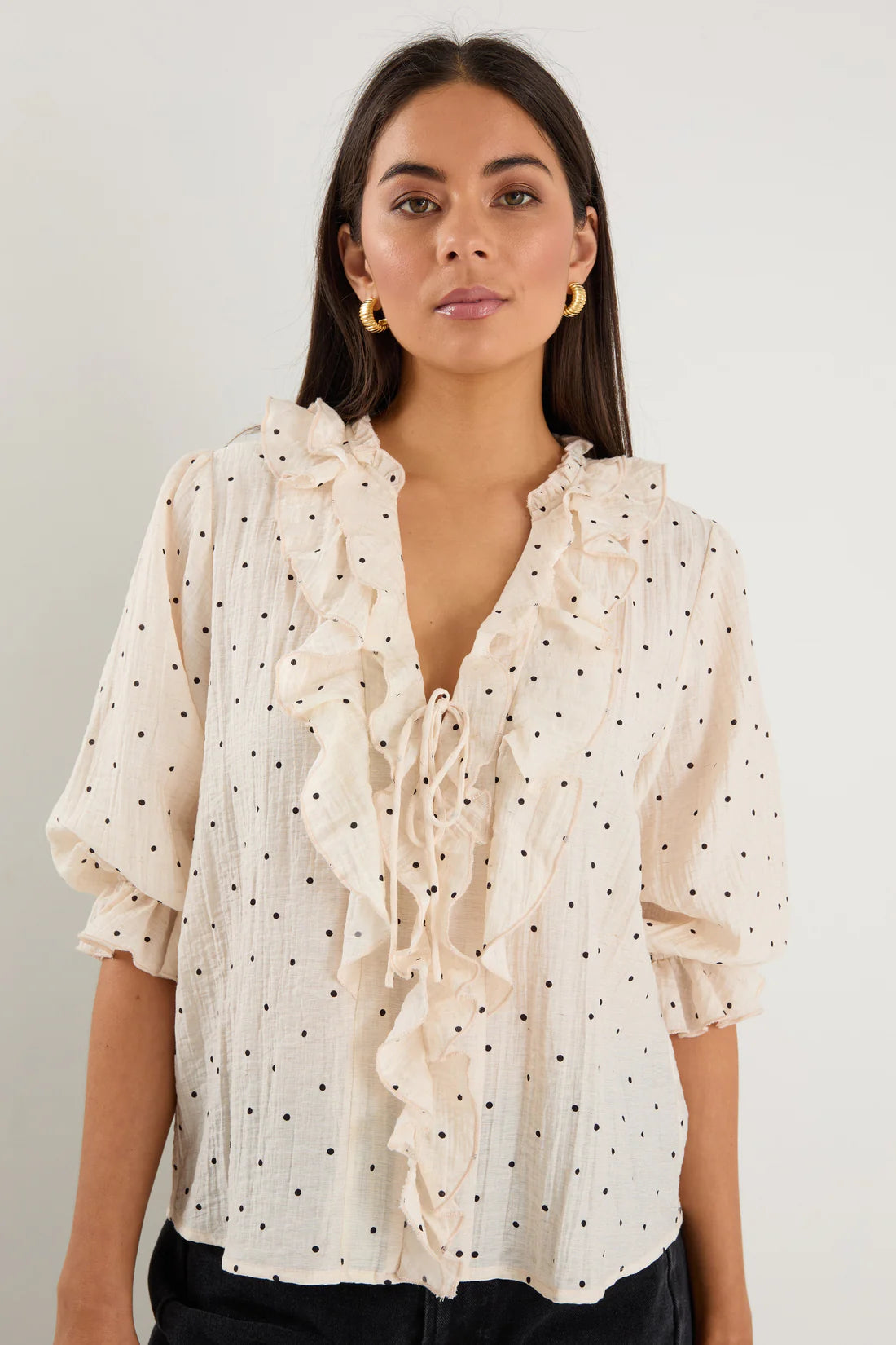 Garnish Cream Black Spot Frill Front Mid Sleeve Top