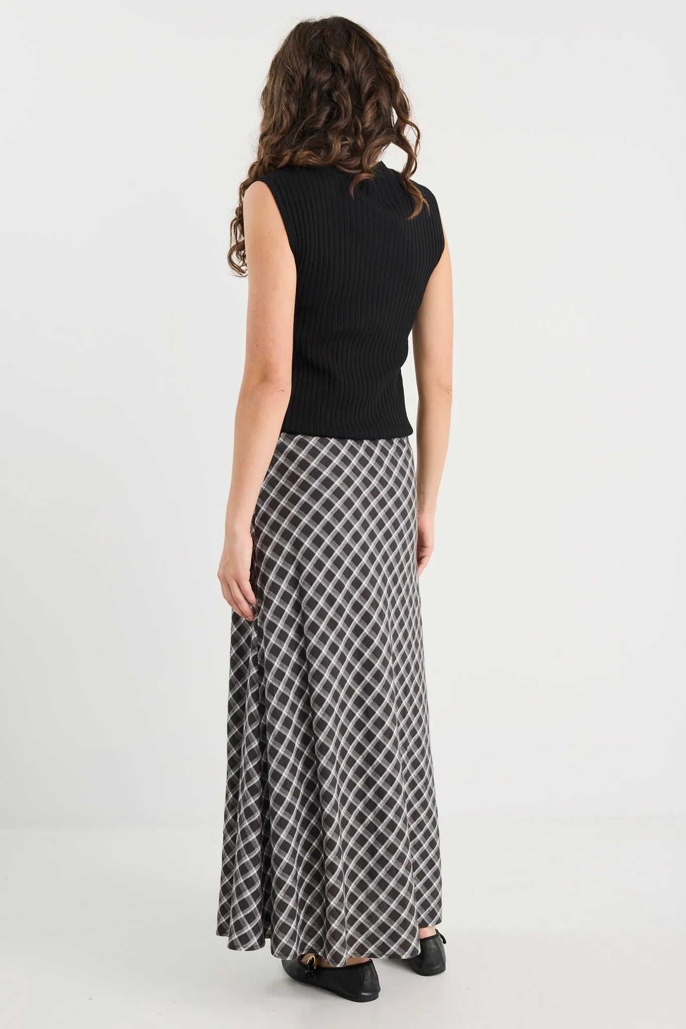 Soulmate Black White Check Bias Cut Midi Skirt