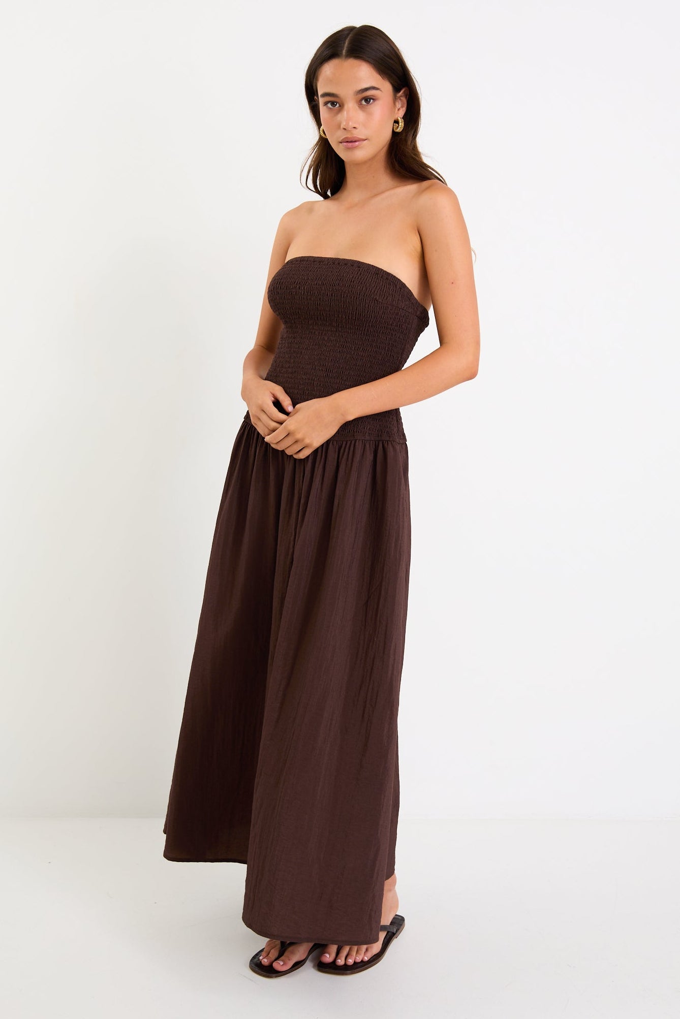 Athens Chocolate Strapless Shirred Bodice Maxi Dress