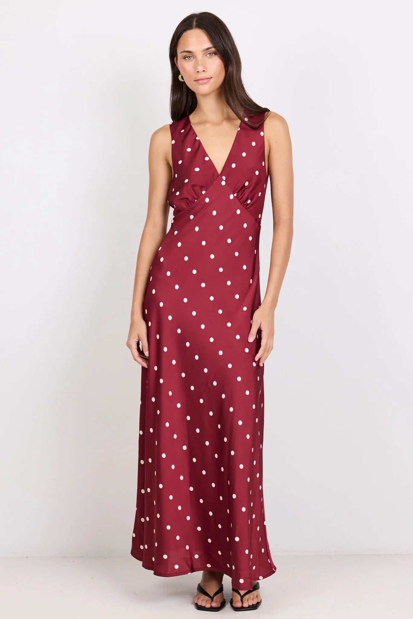 Aston Wine Cream Polka Dot Satin Bias Flared Maxi Dress