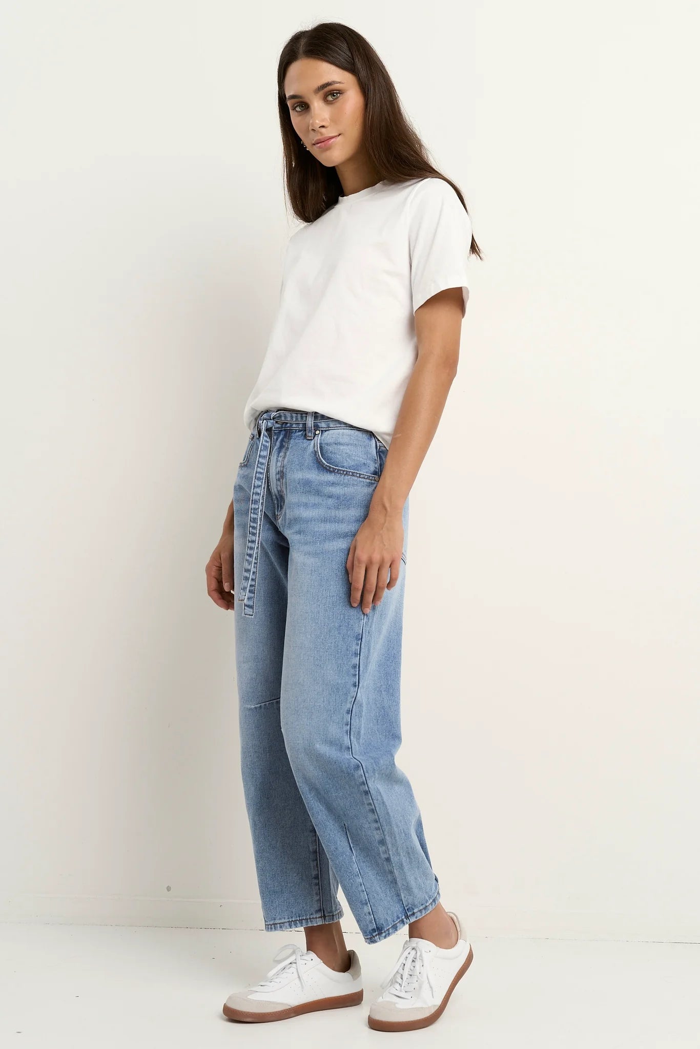 Campus Light Blue Tie Waist Barrel Jeans
