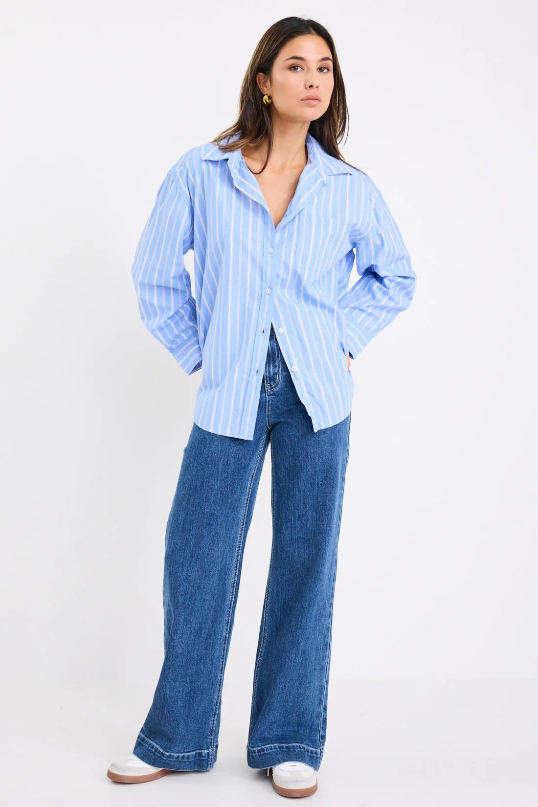 You Got This Mid Blue White Stripe Oversized Boyfriend Shirt - Mid Blue White Stripe