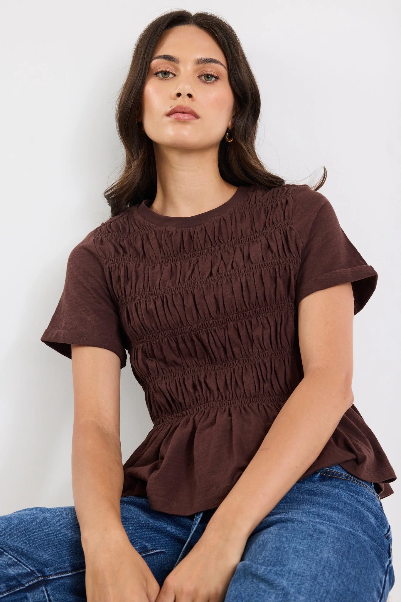Neat Chocolate Slub Shirred Detail SS Tee