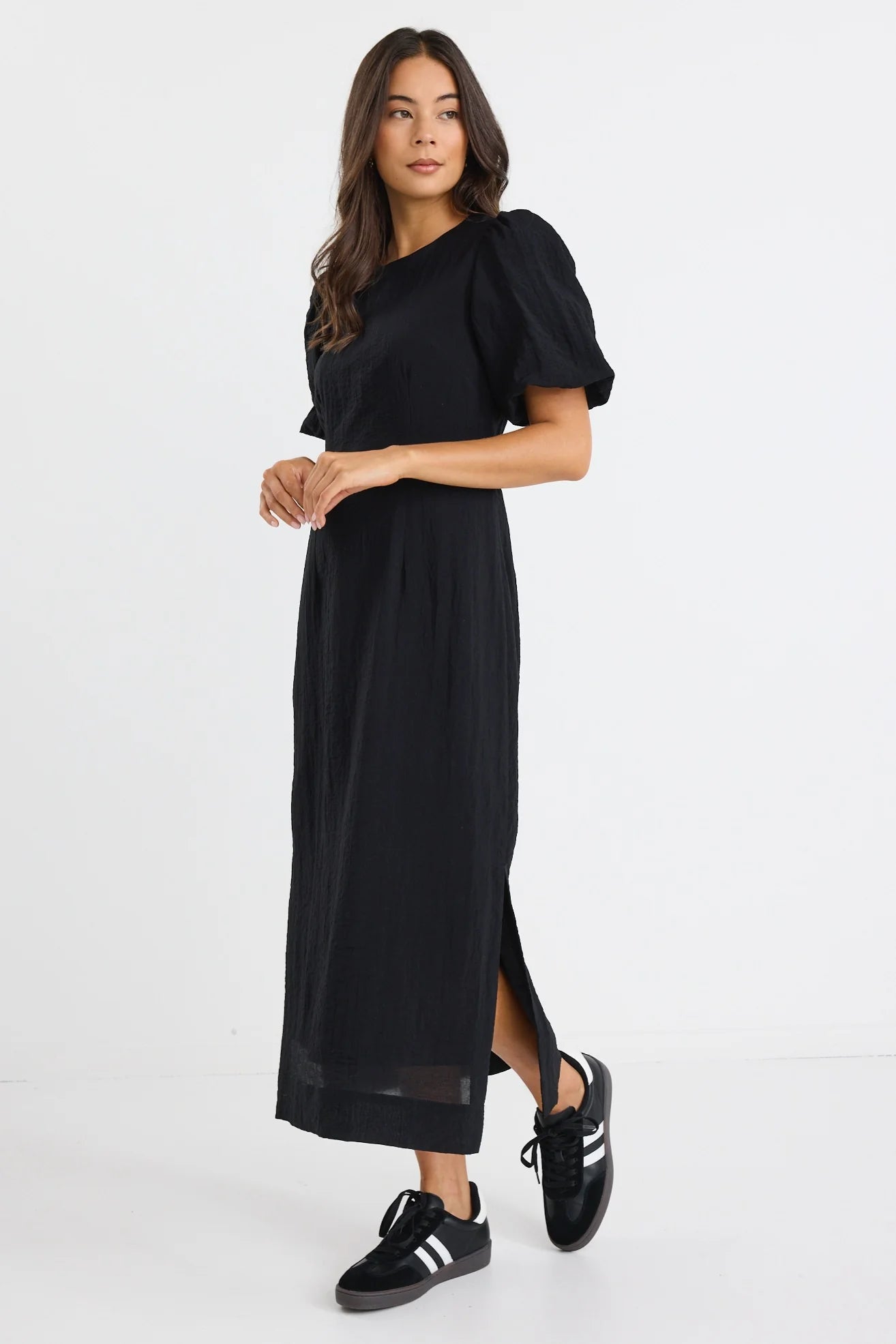 Elder Black Short Puff Sleeve Tie Midi Dress