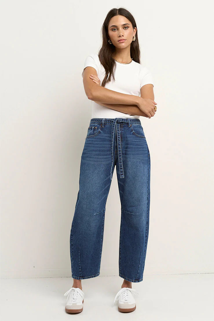 Campus Deep Blue Tie Waist Barrel Jeans
