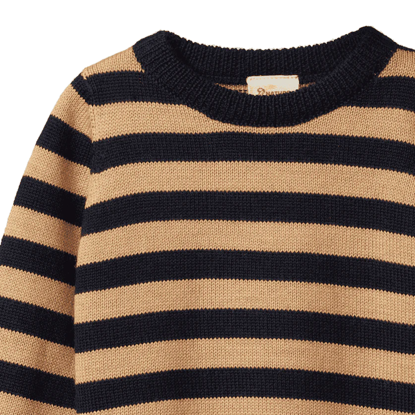 Merino knit pullover - Navy/Caramel stripe