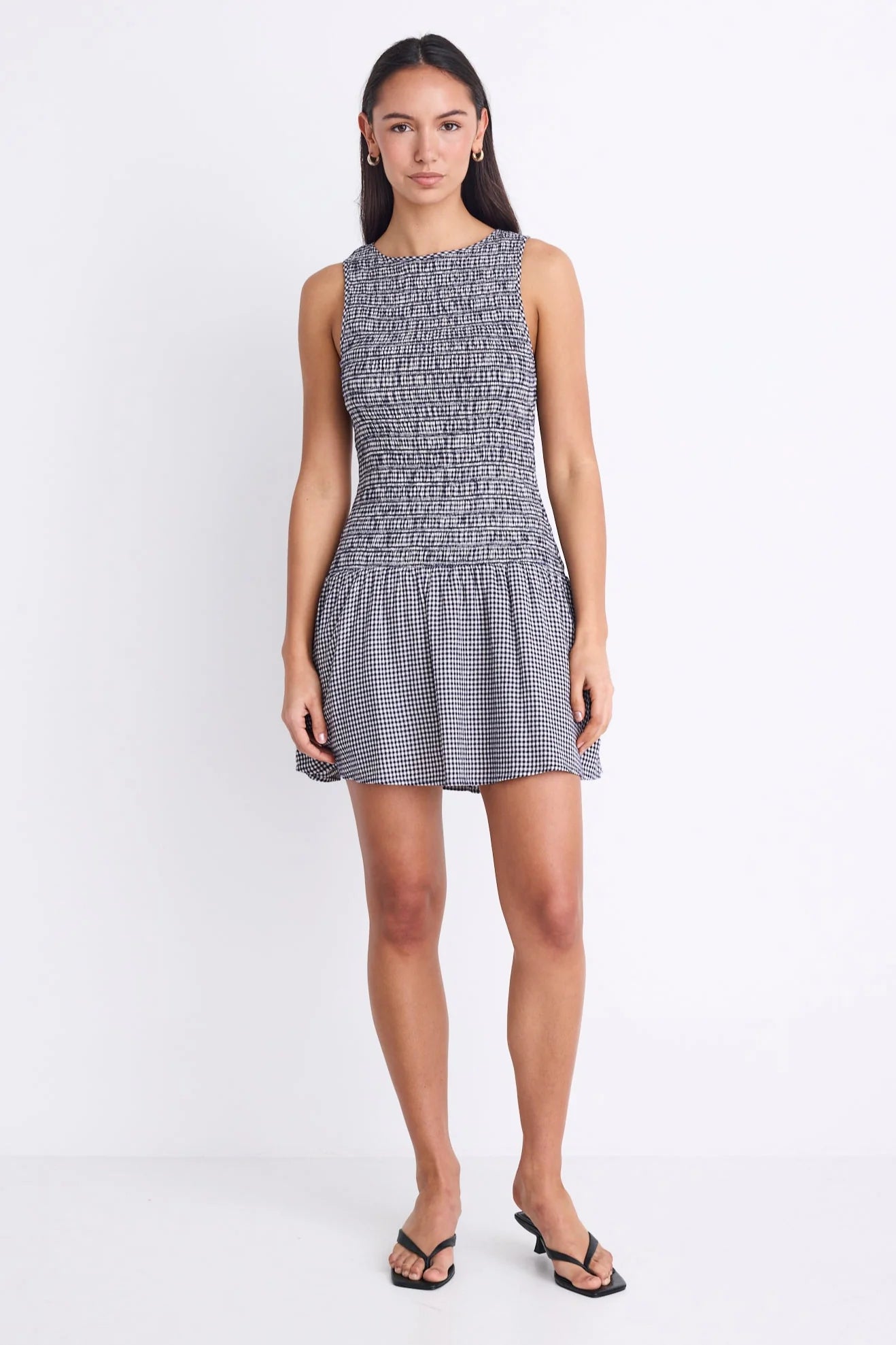 Laurel Navy Mini Gingham Sleeveless Shirred Bodice Mini Dress