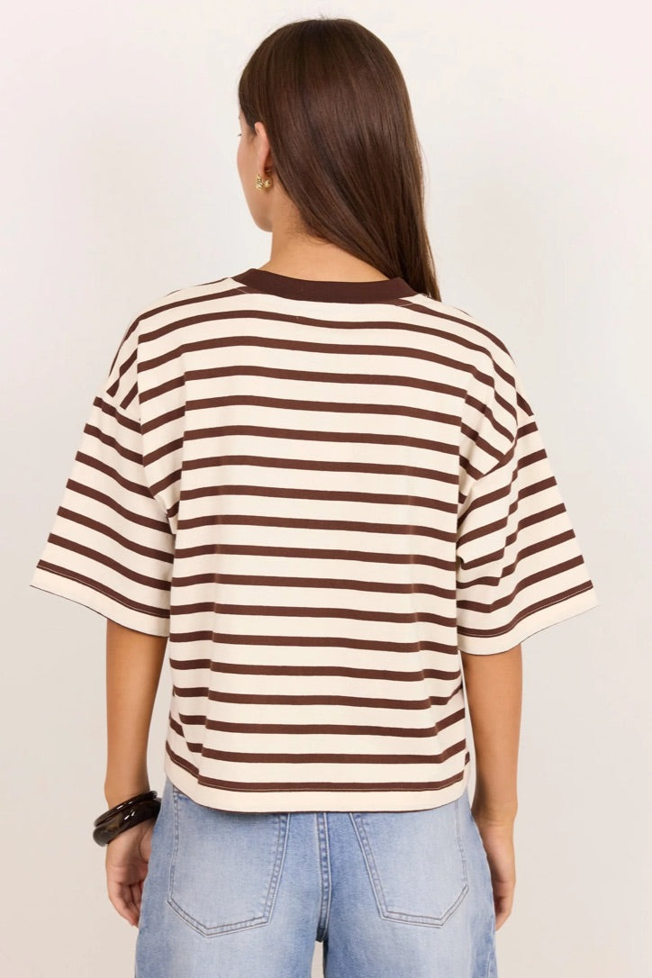 Cohesion Chocolate Vanilla Stripe Oversized Contrast Binding Boxy SS Tee