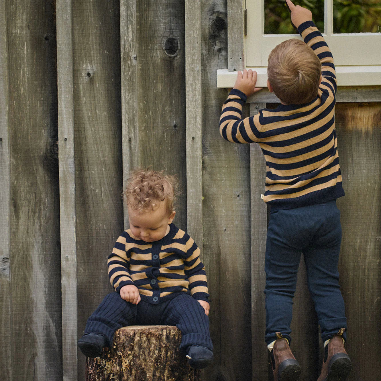 Merino knit cardigan - Navy/Caramel stripe