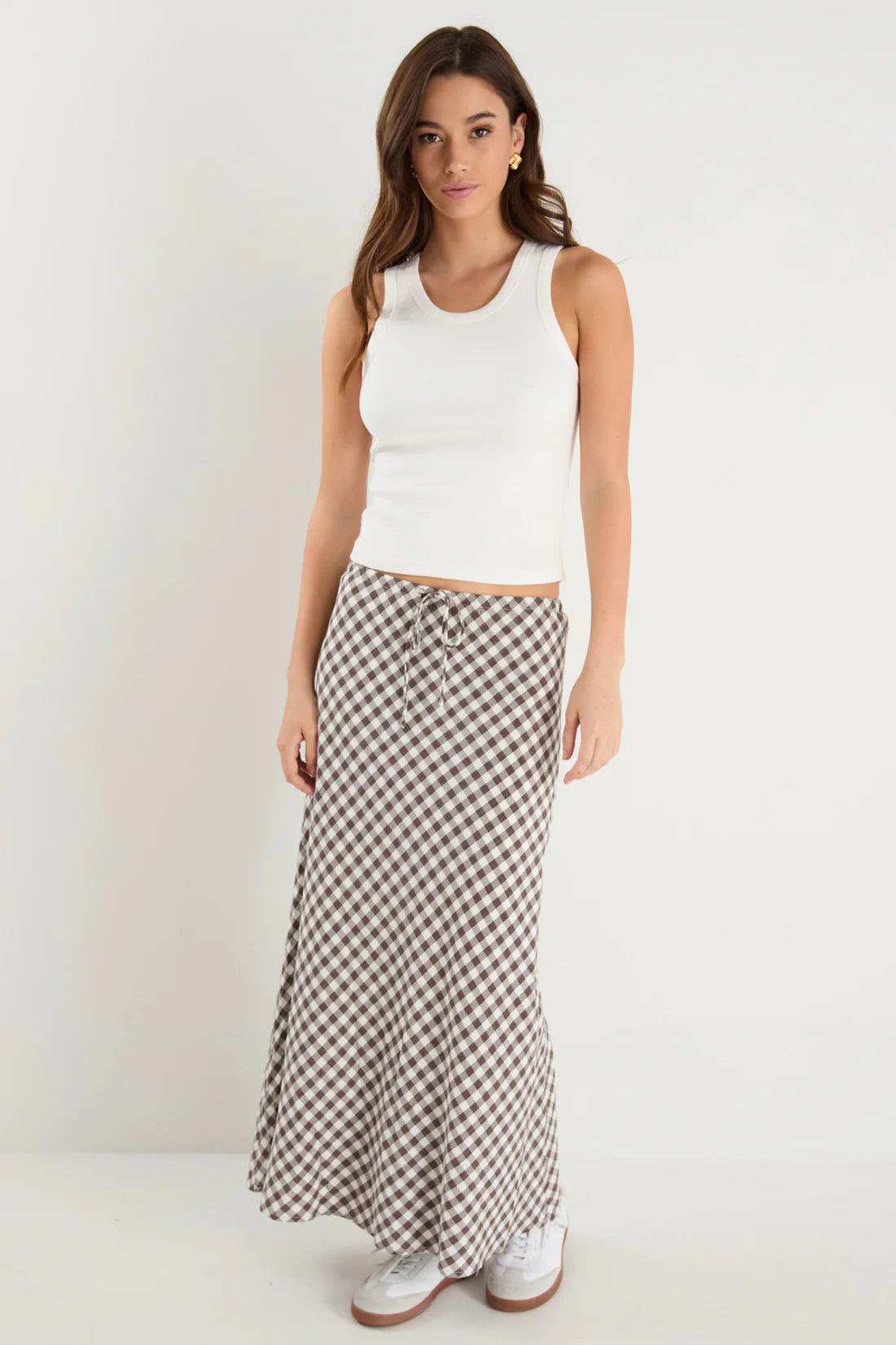 Summit Chocolate Gingham Viscose Cotton Tie Waist Bias Maxi Skirt