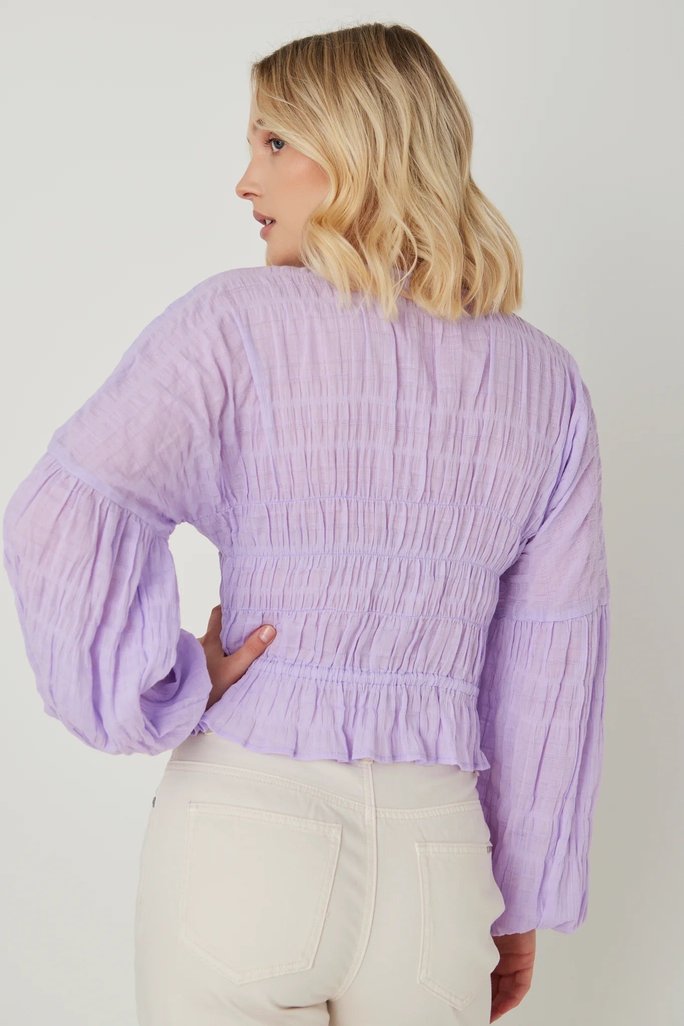 Jolie Shirred Cotton Button Down Top - Lilac