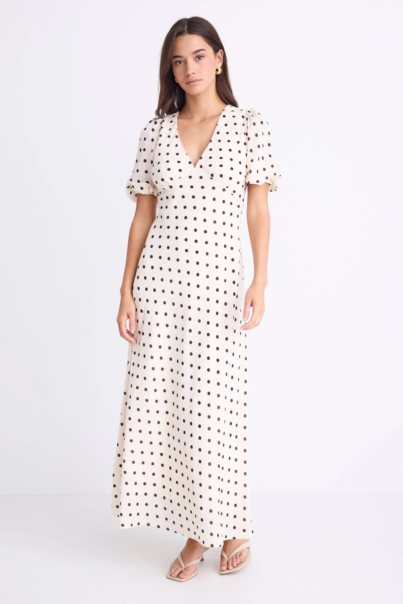Amora Cream Chocolate Polka Dot Bias Midi Dress