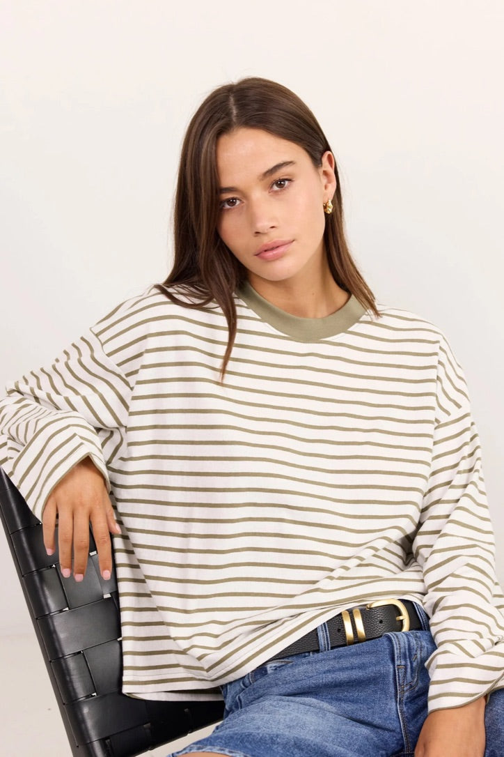 Unite Khaki White Stripe Long Sleeve Contrast Binding Boxy Tee