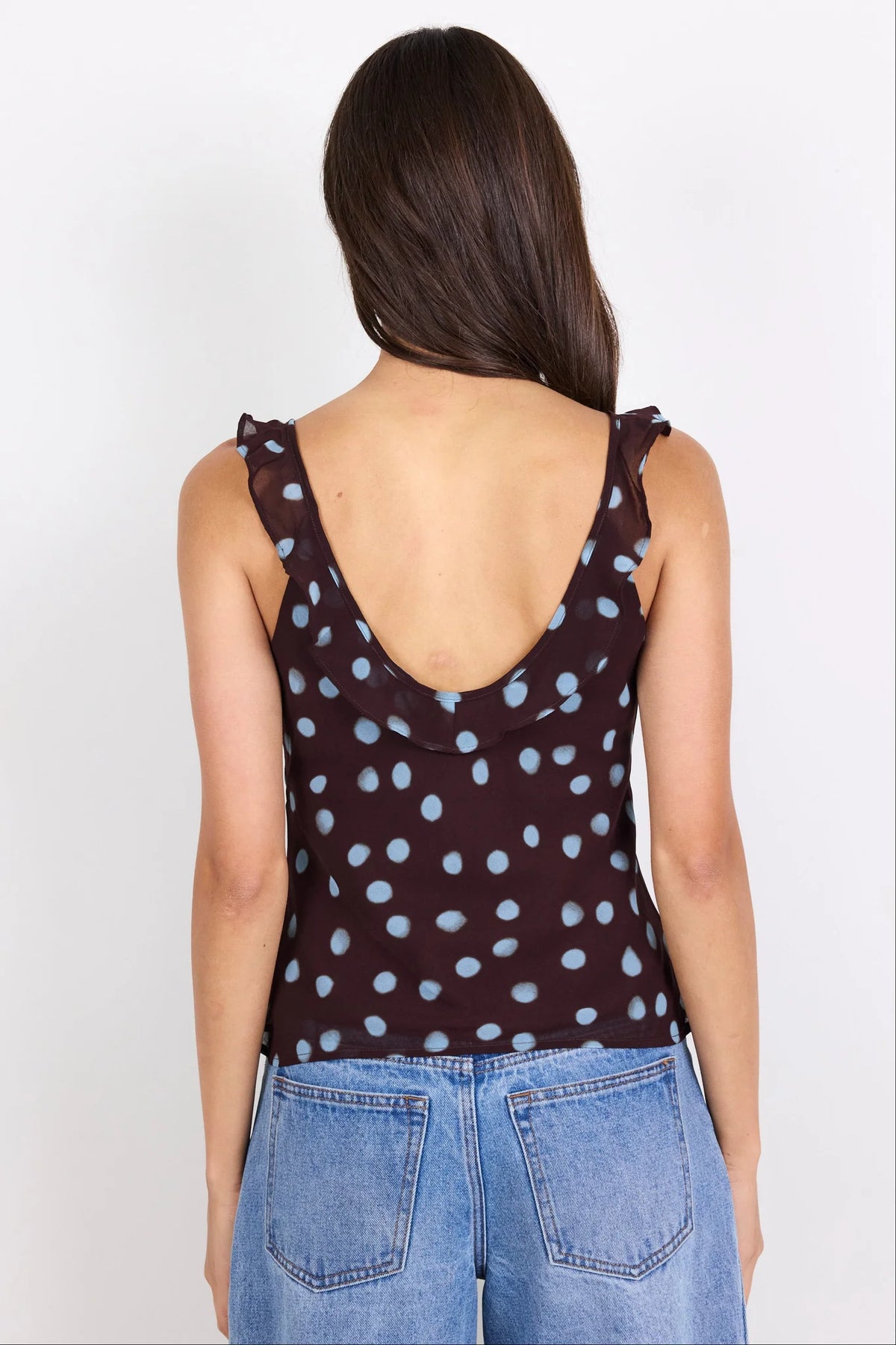 Crave Chocolate Blue Polka Dot Georgette Ruffle Neck Cami Top