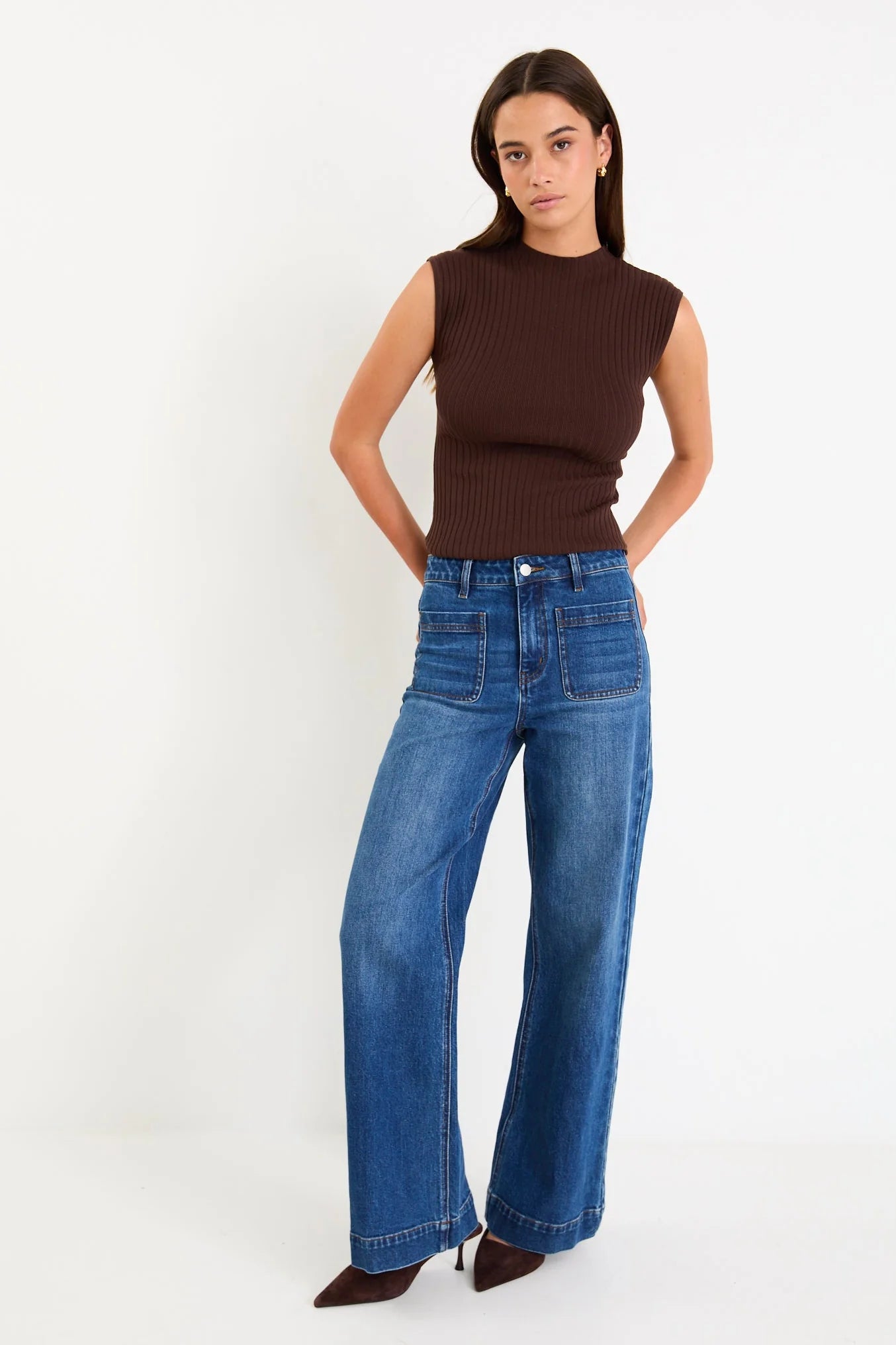 Heroic Chocolate Sleeveless Funnel Neck Rib Knit Top