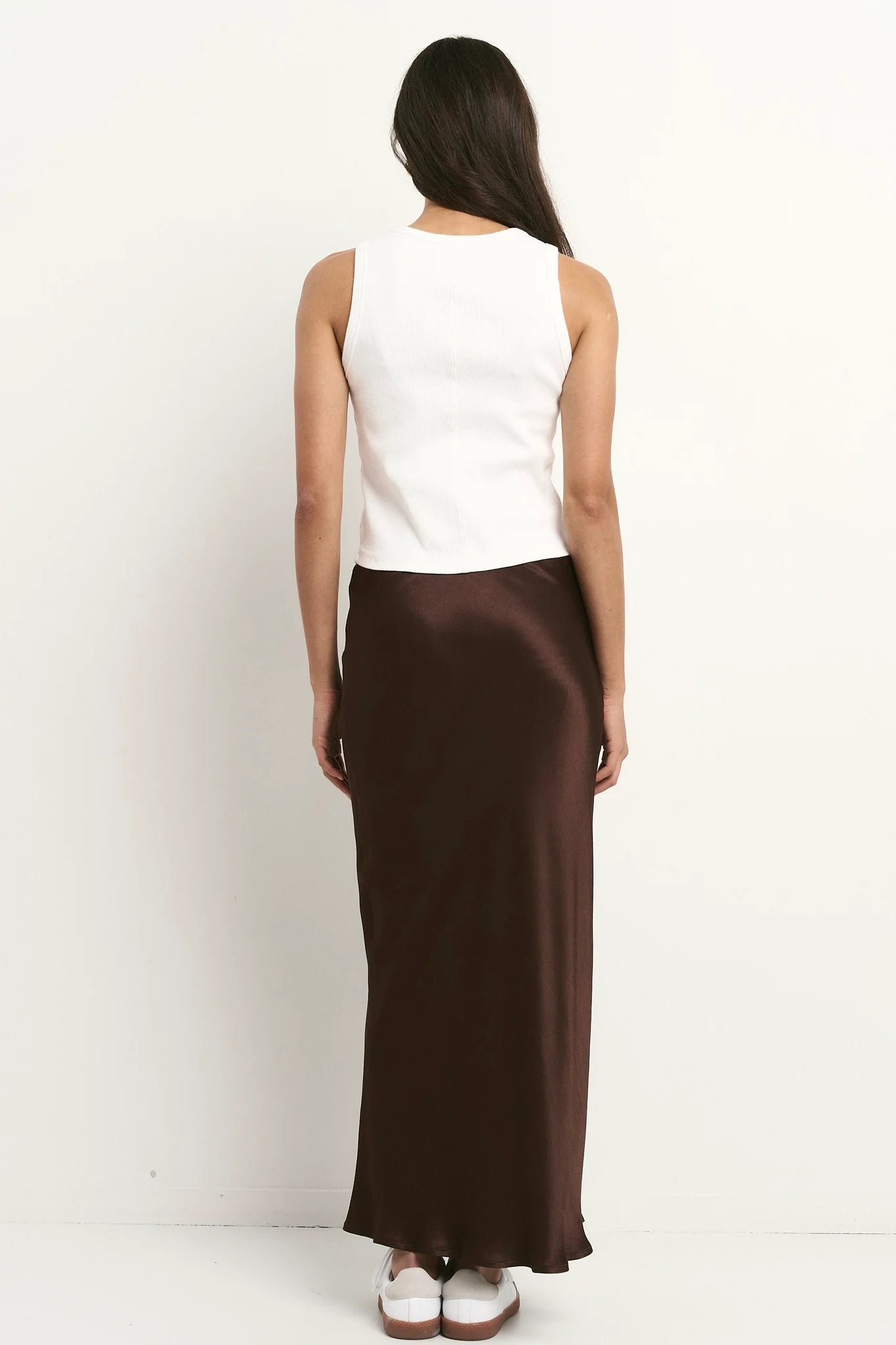 Rosette Chocolate Satin Bias Midi Skirt