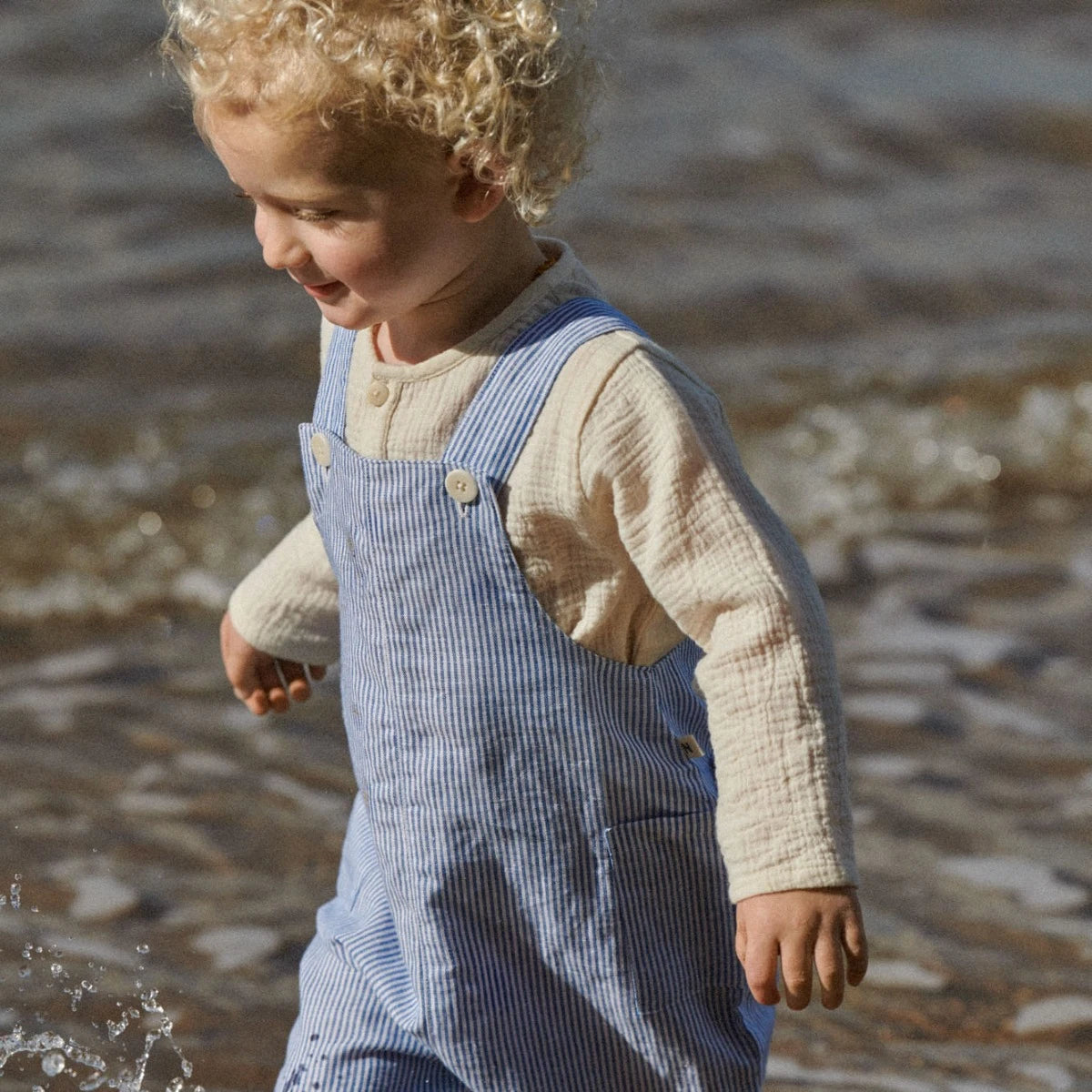 Tucker Shortie Overalls Cotton/linen - Blue stripe