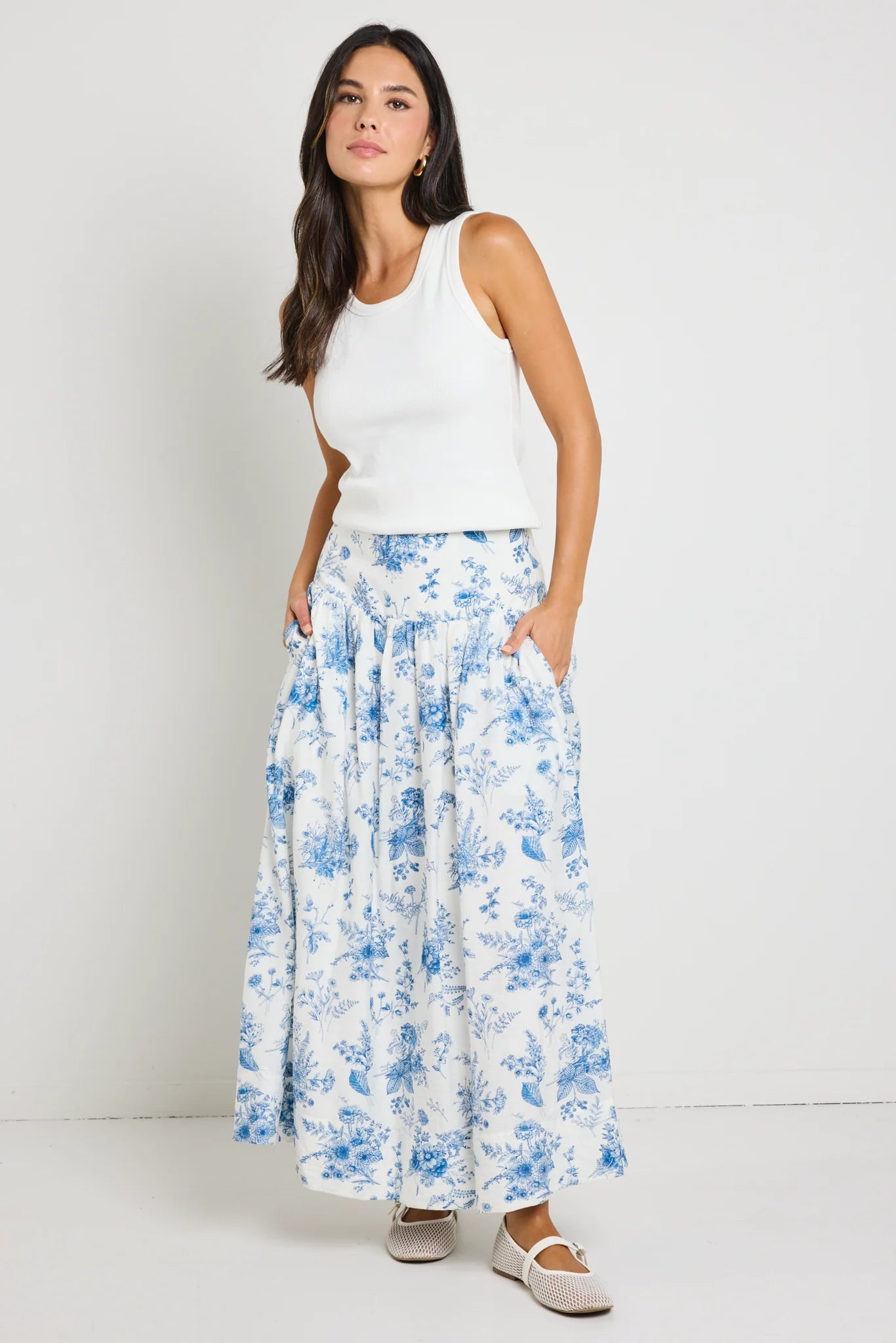 Affinity Porcelain Print Shirred Back Tiered Maxi Skirt