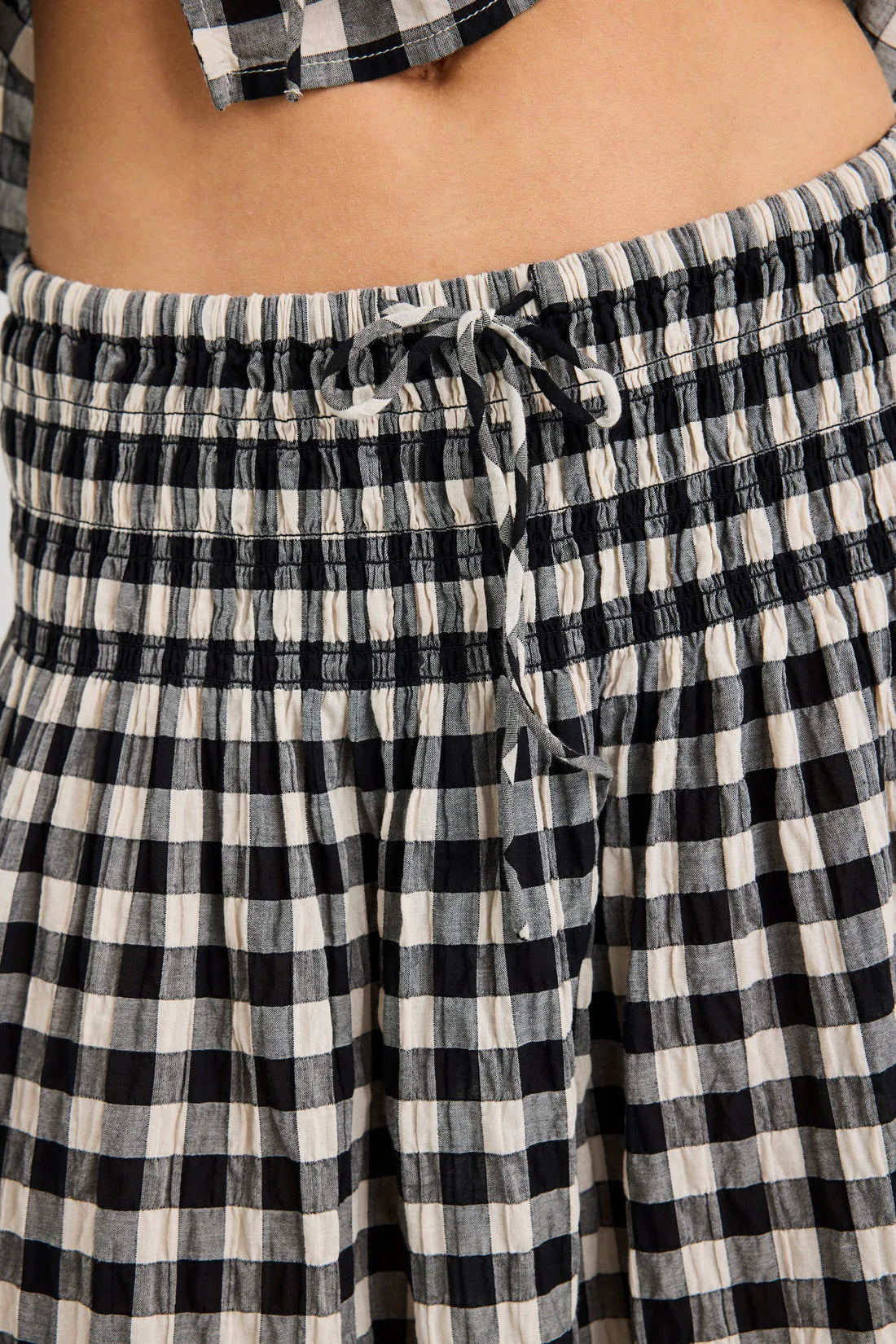 Cheerful Black Gingham Cotton Shirred Waist Maxi Skirt