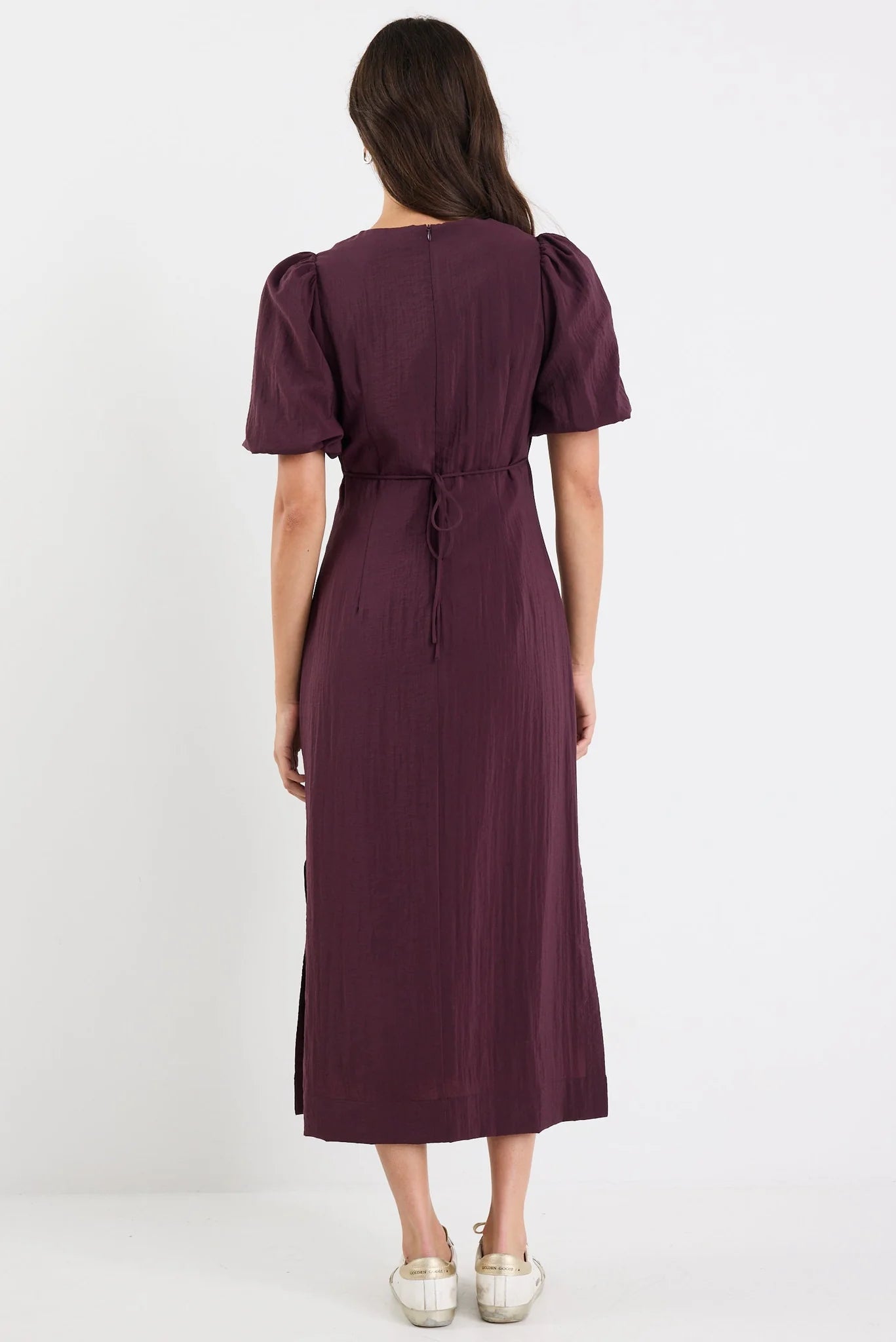 Elder Plum Short Puff Sleeve Tie Midi Dress