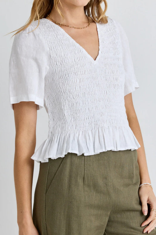 Mellow White Linen V Neck Top