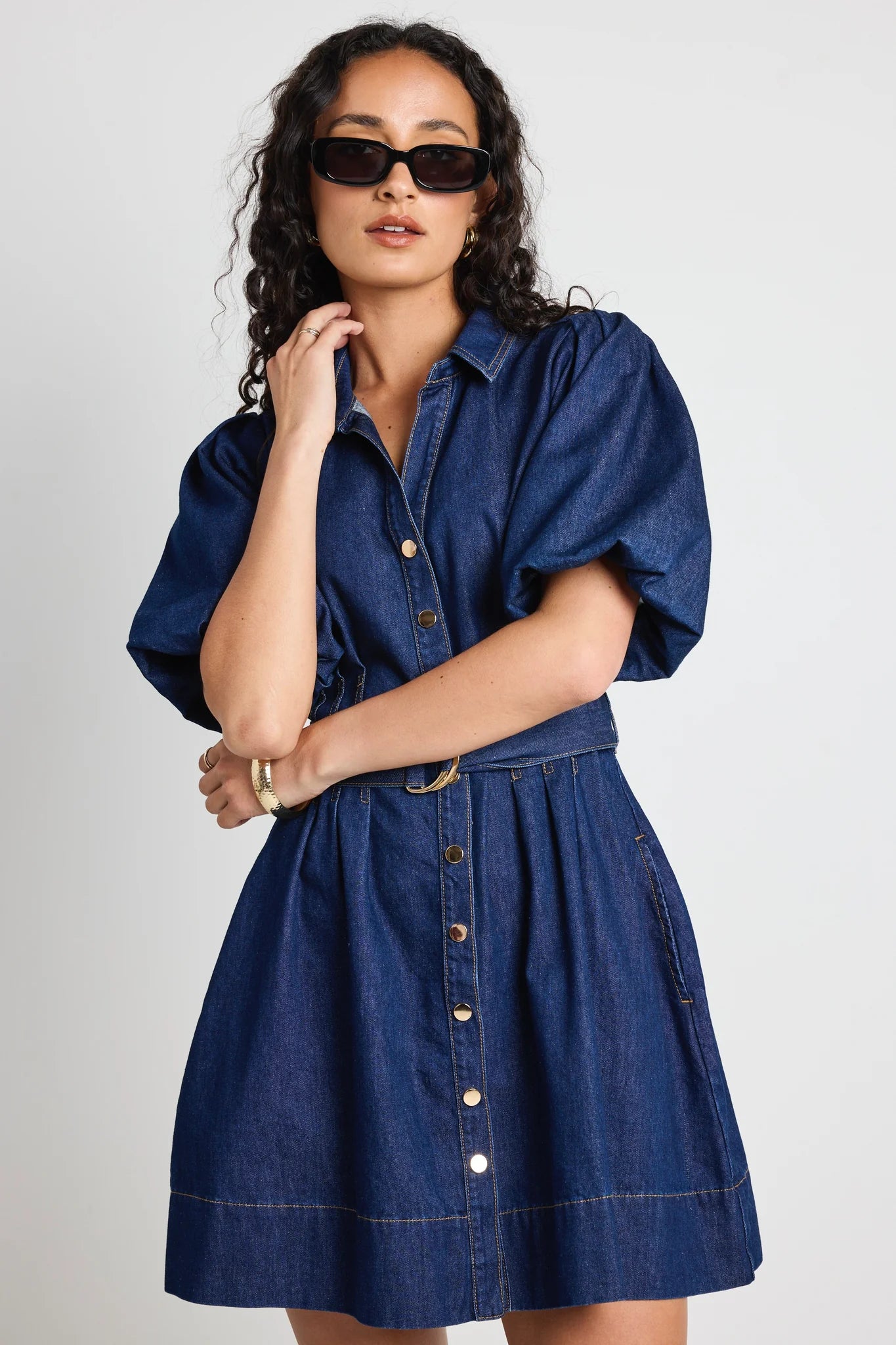 Sundown Indigo Denim Puff Sleeve Mini Shirt Dress