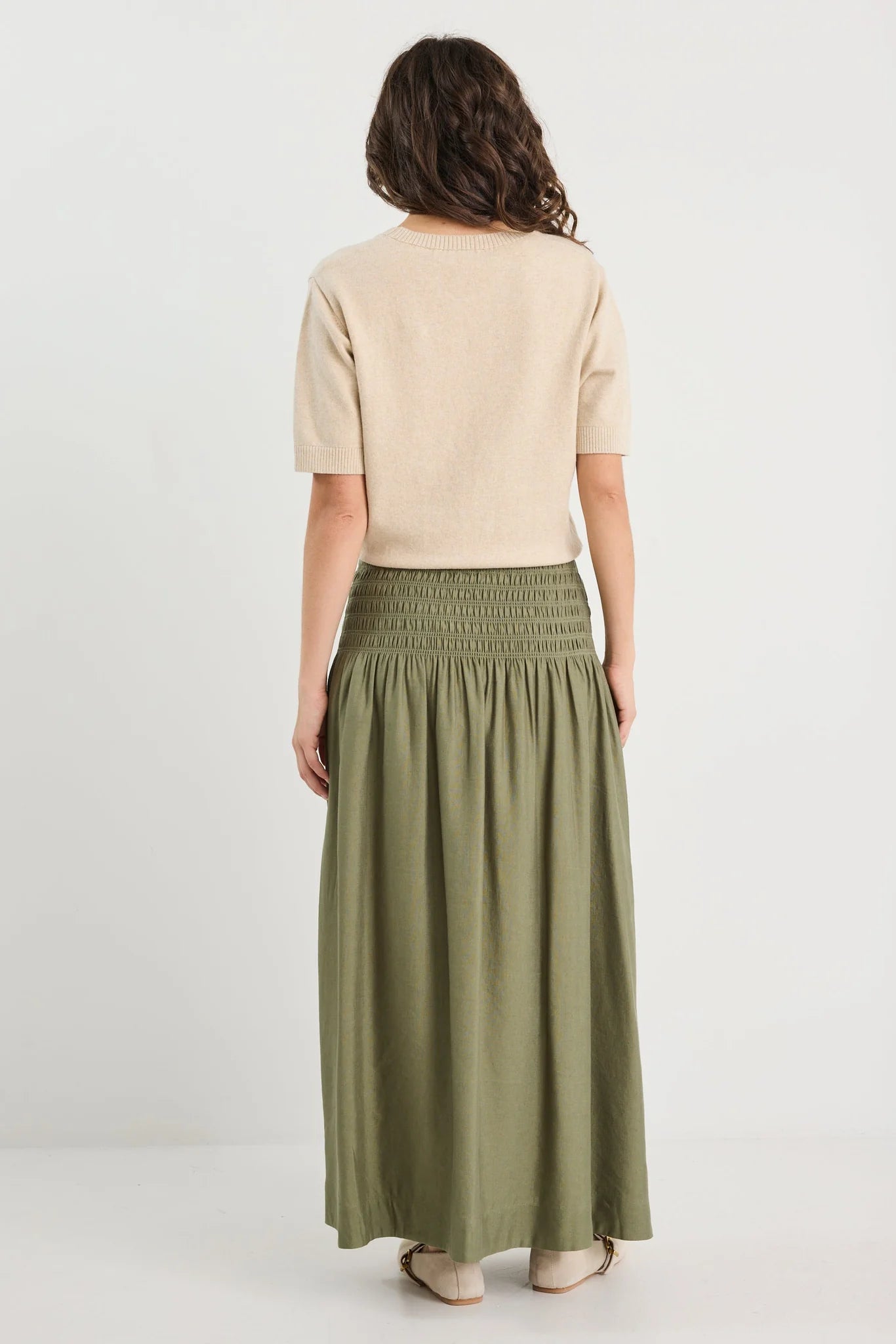 Byron Olive Linen Shirred Waist Maxi Skirt