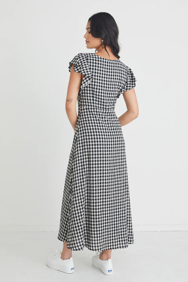 Ovation Black Gingham Flutter Ss Keyhole Tie Midi Dress