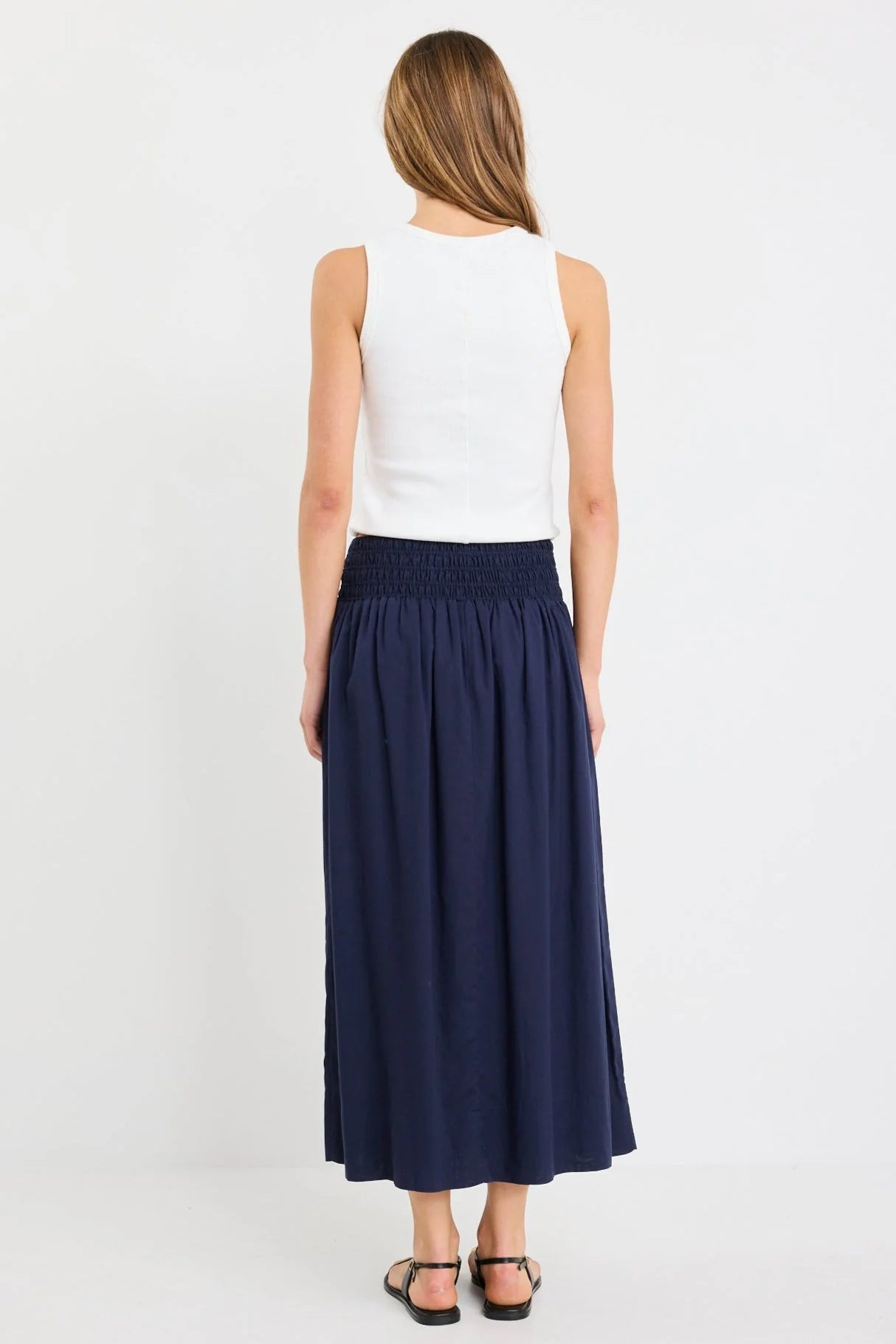 Wanderlust Navy linen blend shirred waist maxi skirt