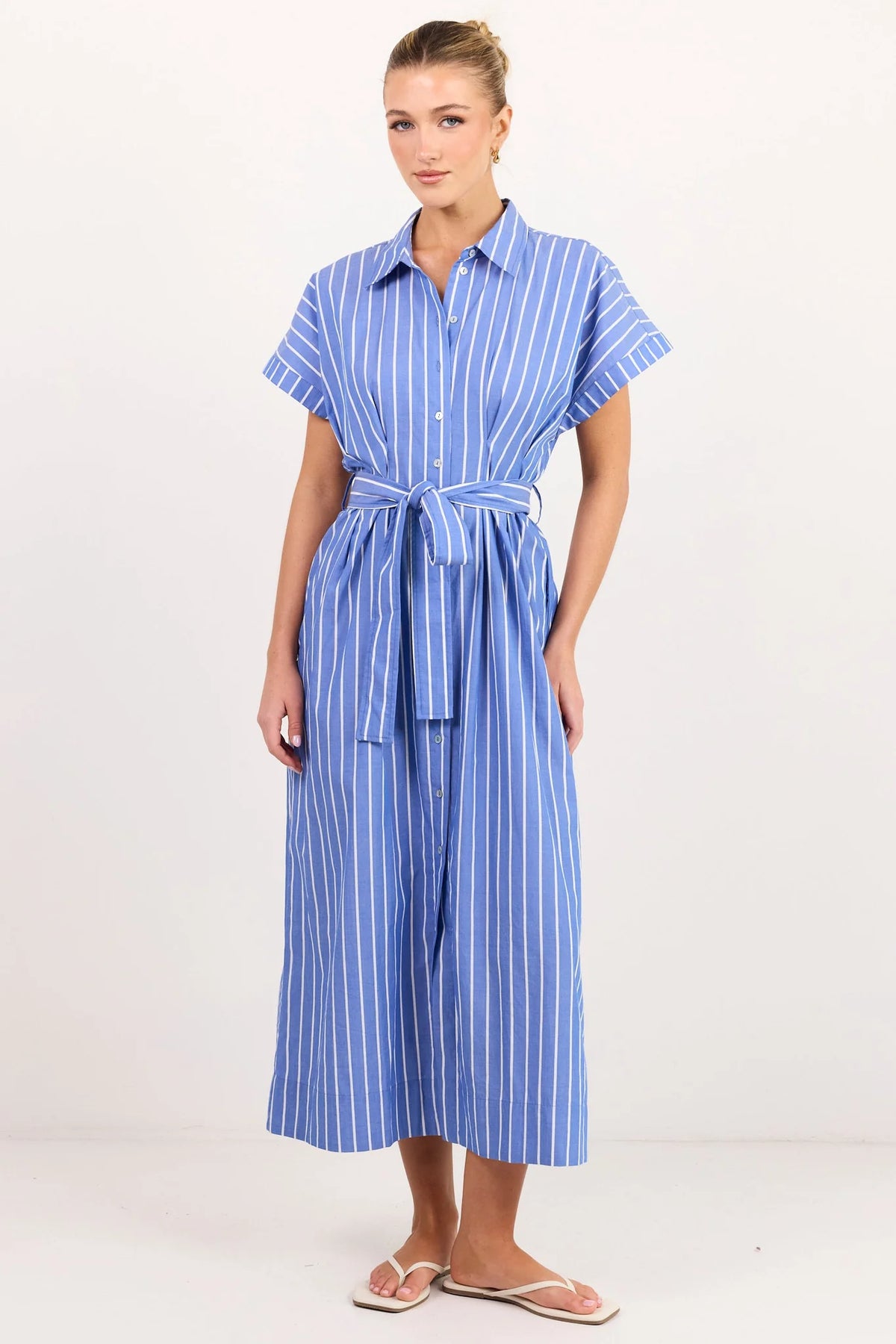 Camden Blue Wide Stripe Fit Flare Maxi Shirt Dress