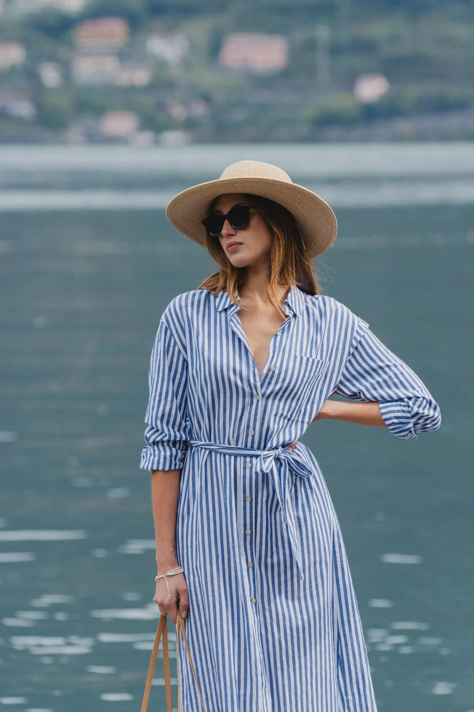 Forward Blue Stripe Cotton Midi Shirt Dress