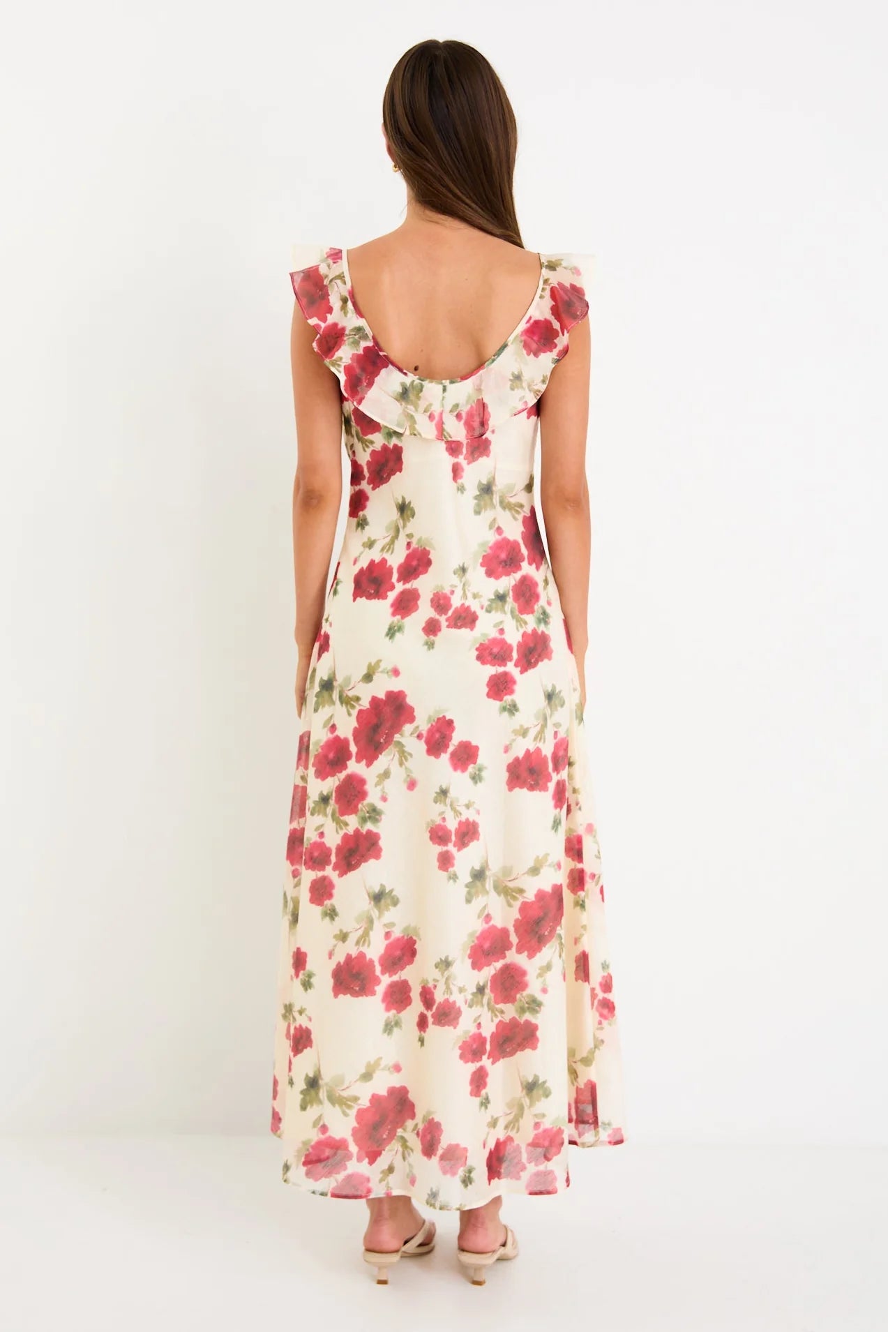 Amusing Cream Red Rose Bias Slip Maxi Dress