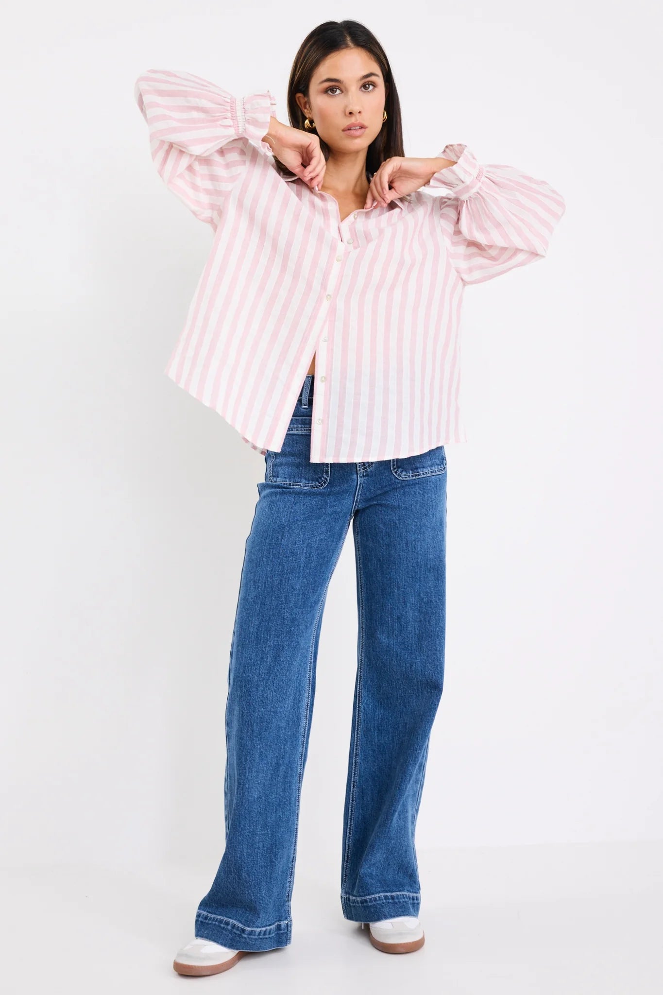 Connection  Button Front Blouse - Pink Stripe