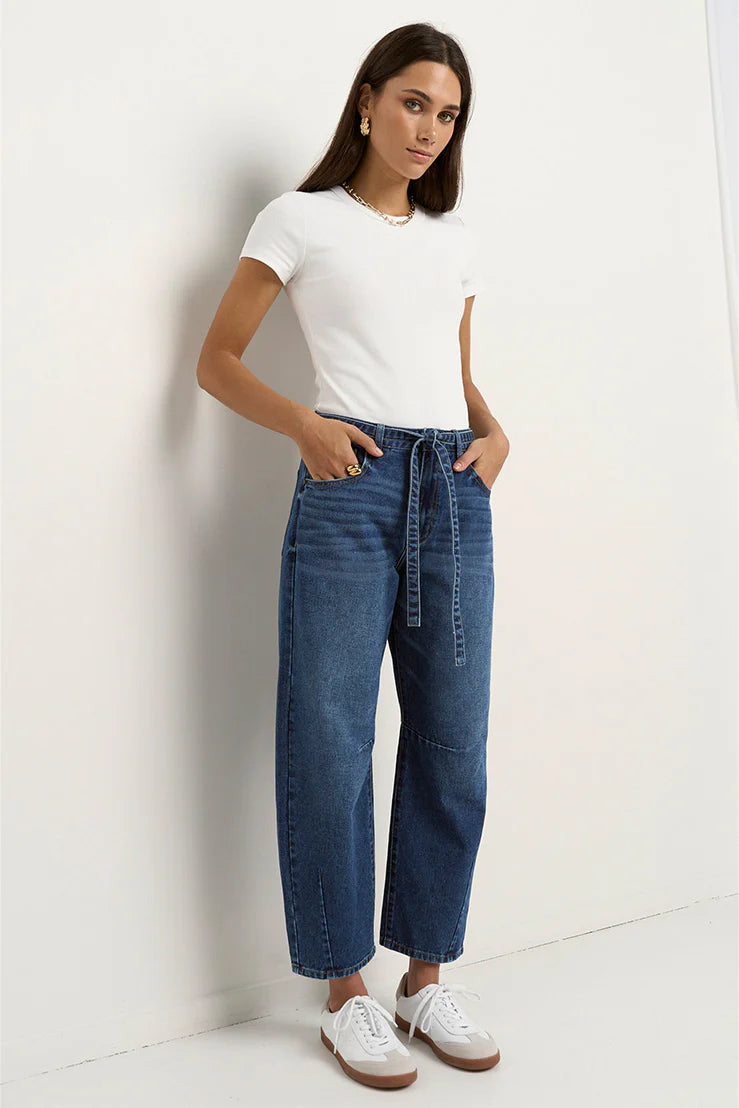 Campus Deep Blue Tie Waist Barrel Jeans